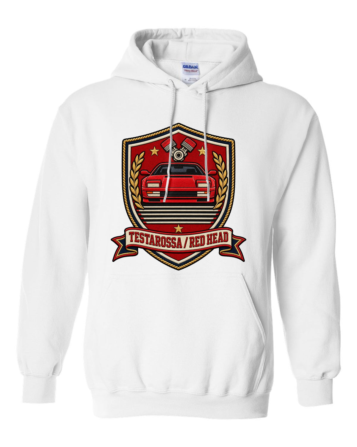 Shield crest layout for the 1984 Ferrari Testarossa with red head text white pull over hoodie front view with the design