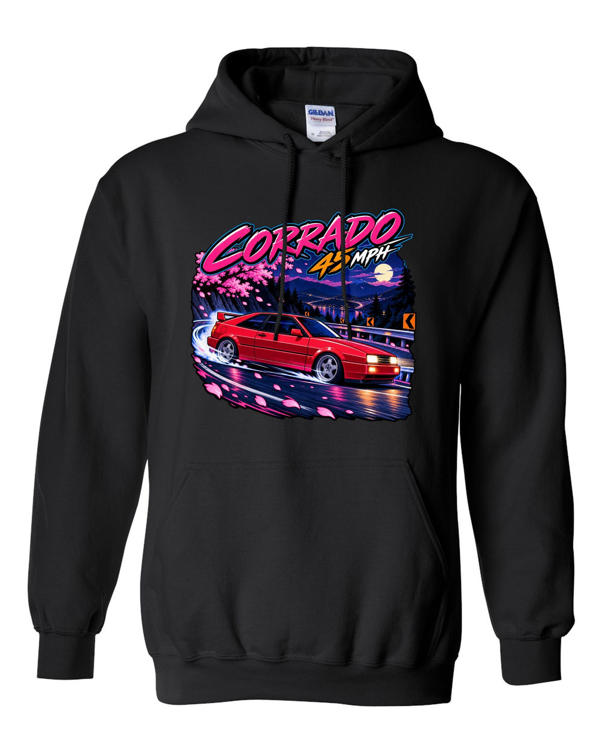 Cel-shaded anime night touge hairpin scene of a VW Corrado VR6 with Corrado 45 mph text black pull over hoodie front view with the design