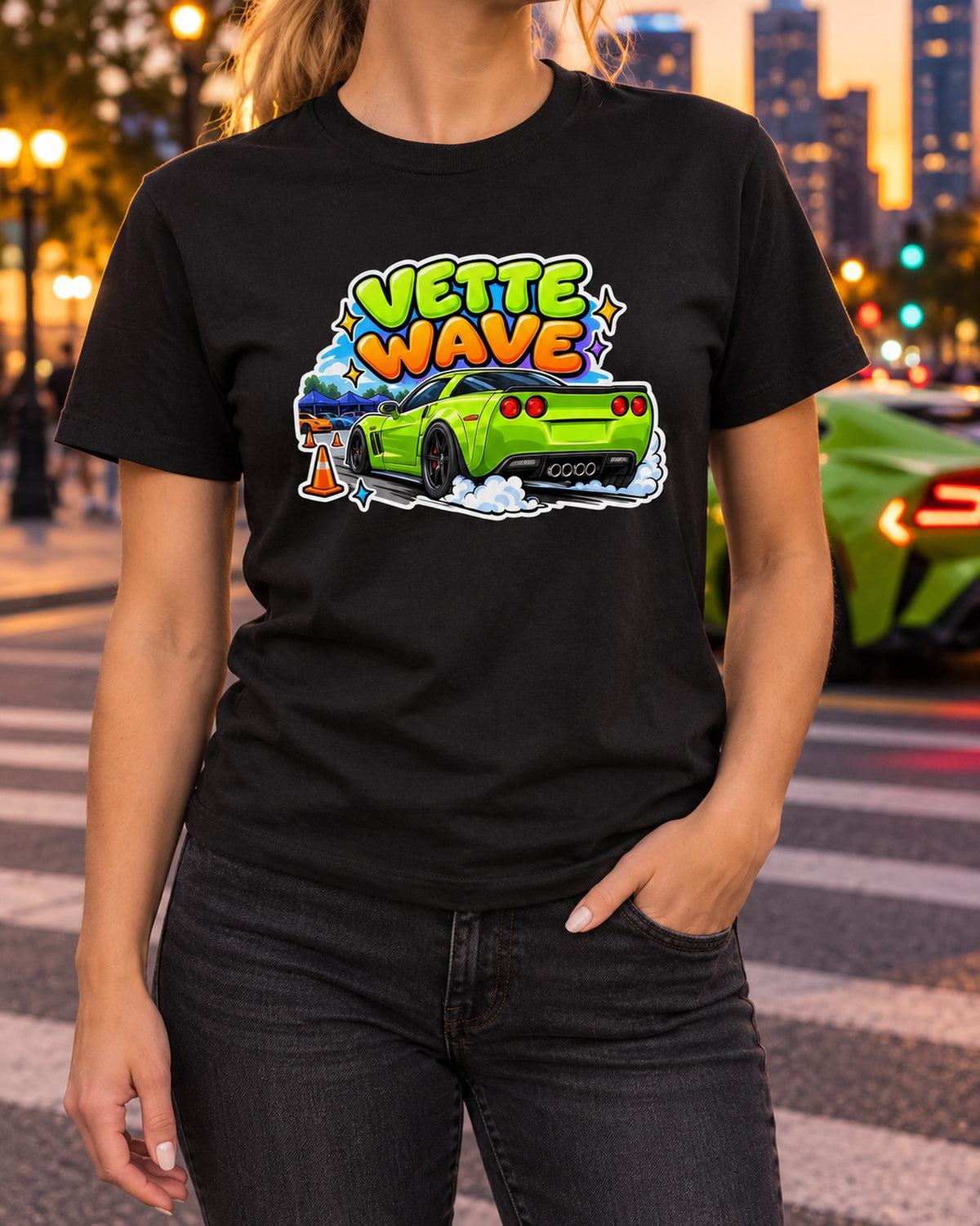 2008 Corvette C6 Z06 Vette Wave Cartoon Sticker Sheet Shirt T-Shirt Black worn hero