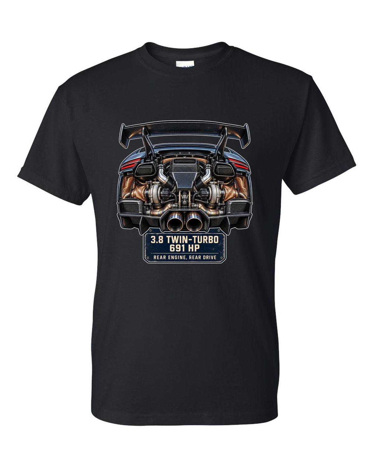 Engine hero print of a Porsche 911 GT2 RS 991.2 twin-turbo flat-six black t-shirt front view with the design