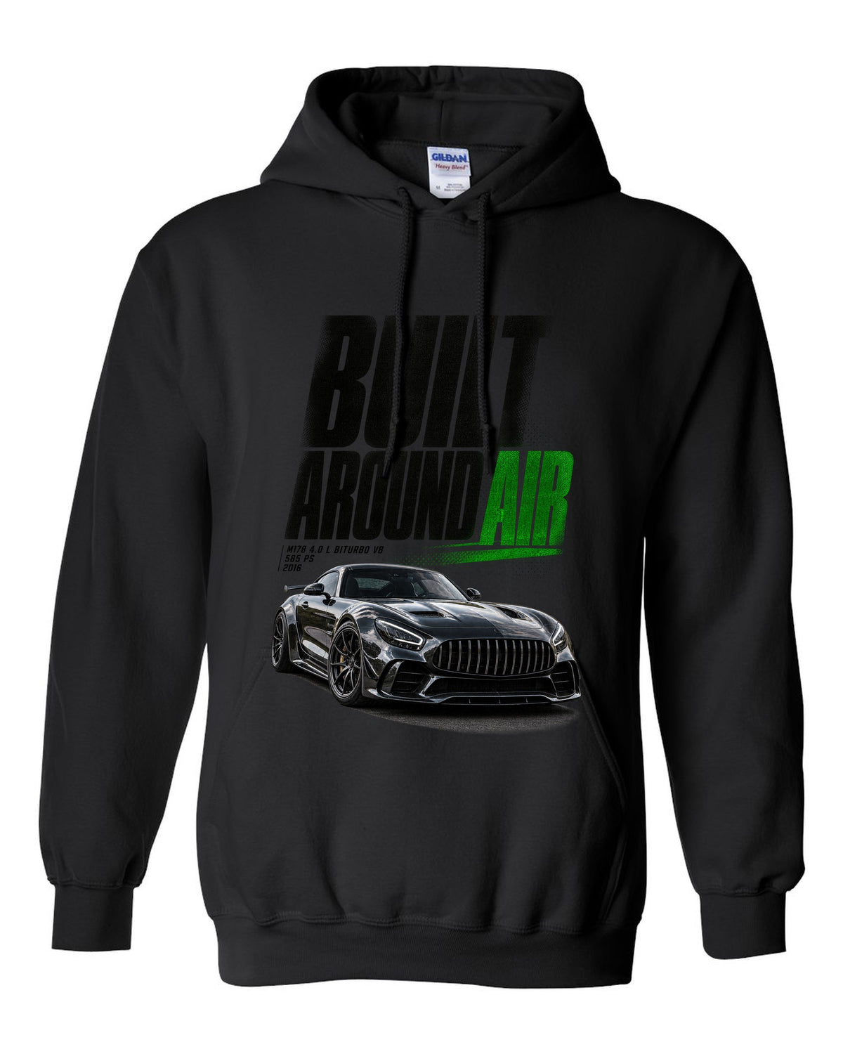 Halftone statement print of a Mercedes-AMG GT R C190 with Built Around Air lettering black pull over hoodie front view with the design