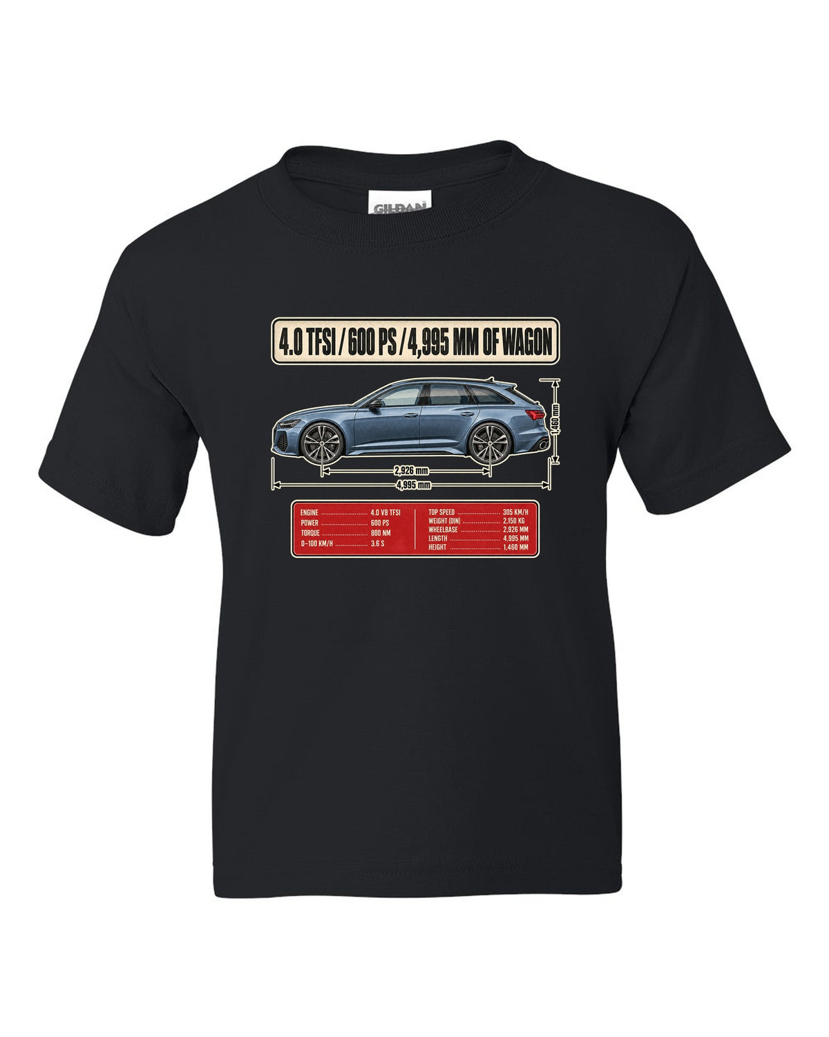 Audi RS6 Avant C8 wagon dimension blueprint print black kids tee front view with the design