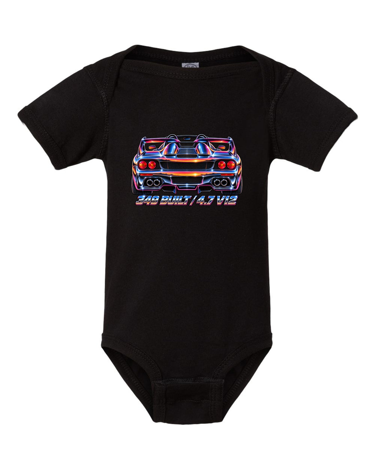 1980s airbrush chrome rear view print of a 1995 Ferrari F50 F130 with 349 built and 4.7 V12 text black baby onesie front view with the design