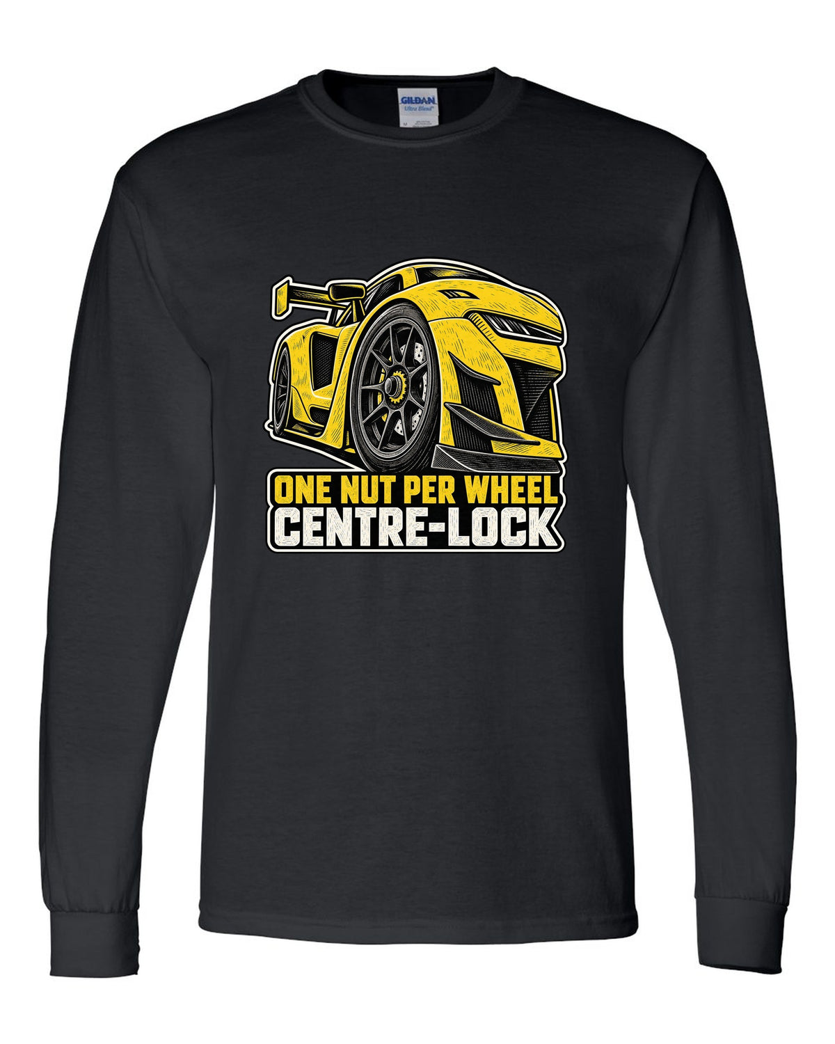 Risograph duotone design of a Corvette C8.R race car with large rear wing black long sleeve front view with the design