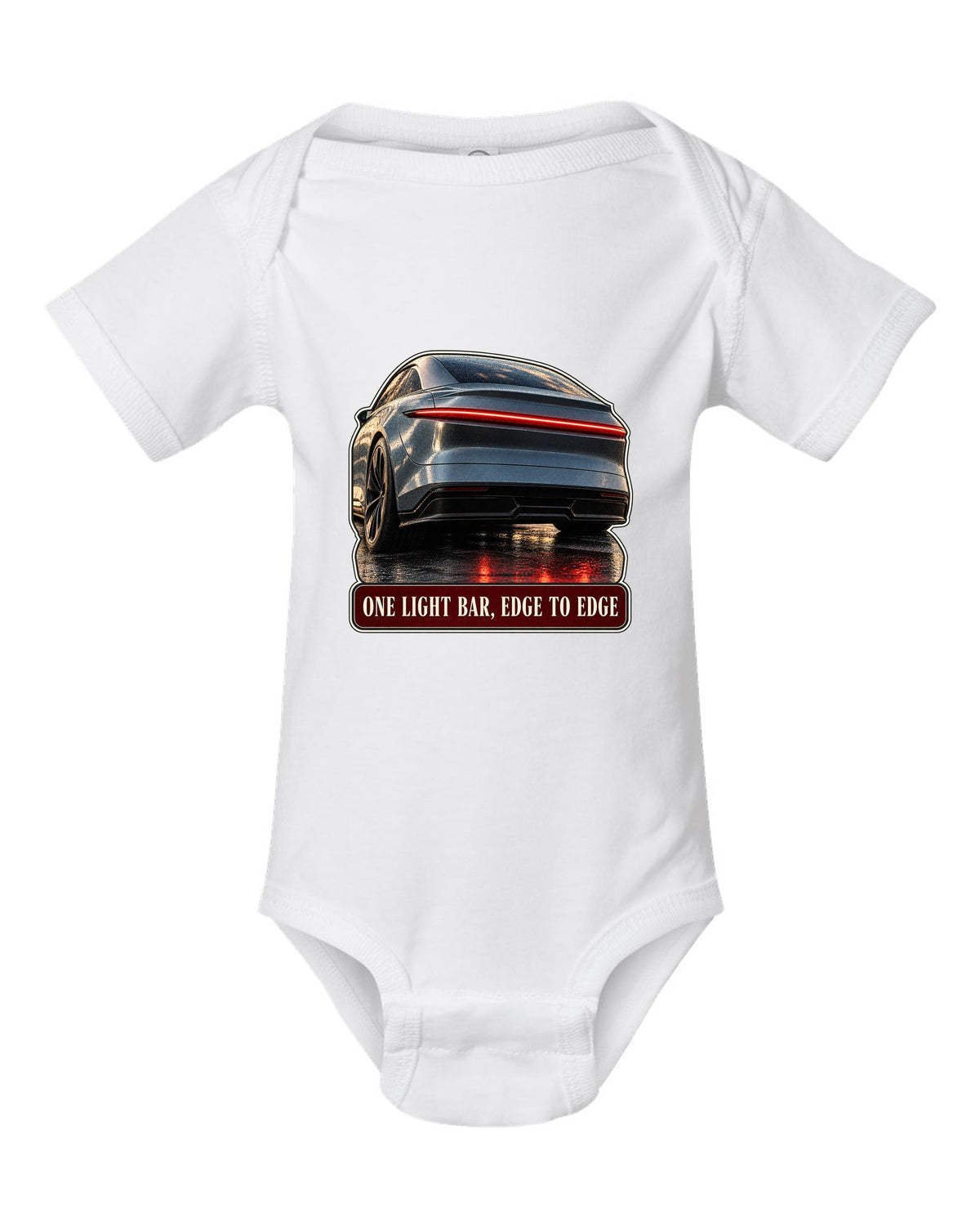 Taillight macro print of a Lucid Air Sapphire with a single light bar white baby onesie front view with the design