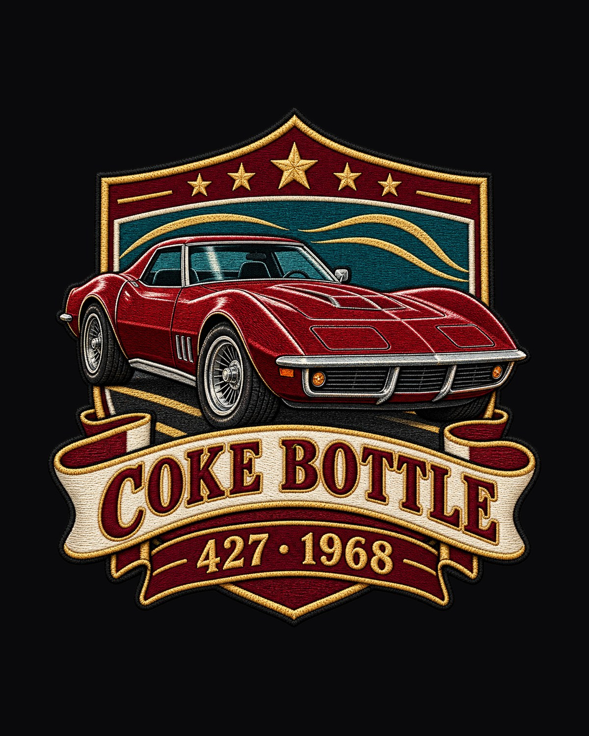 1968 Corvette C3 Stingray Coke Bottle Crest Shirt, 427 Tee design only