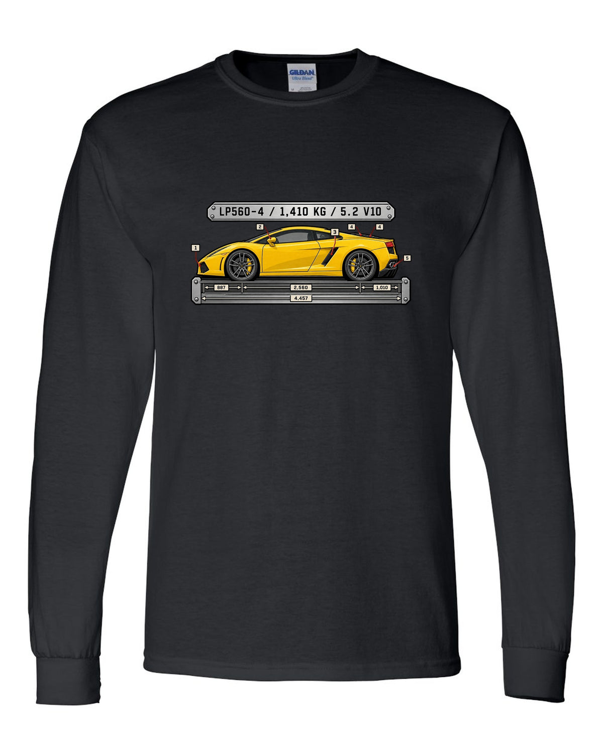 Spec-sheet data plate design for a Lamborghini Gallardo LP560-4 with weight and engine text black long sleeve front view with the design