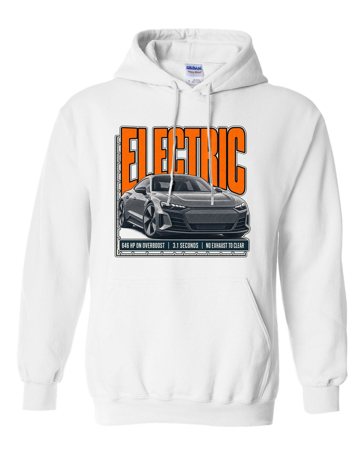 Audi RS e-tron GT low front three-quarter halftone statement print design white pull over hoodie front view with the design