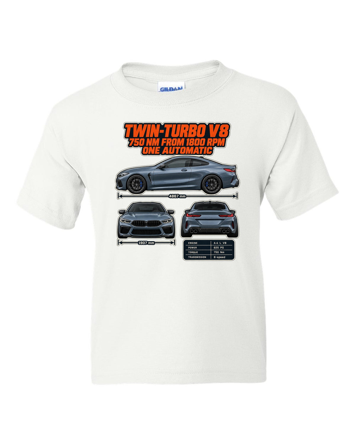 BMW M8 Competition Coupe F92 three-view and spec table print on a tee white kids tee front view with the design