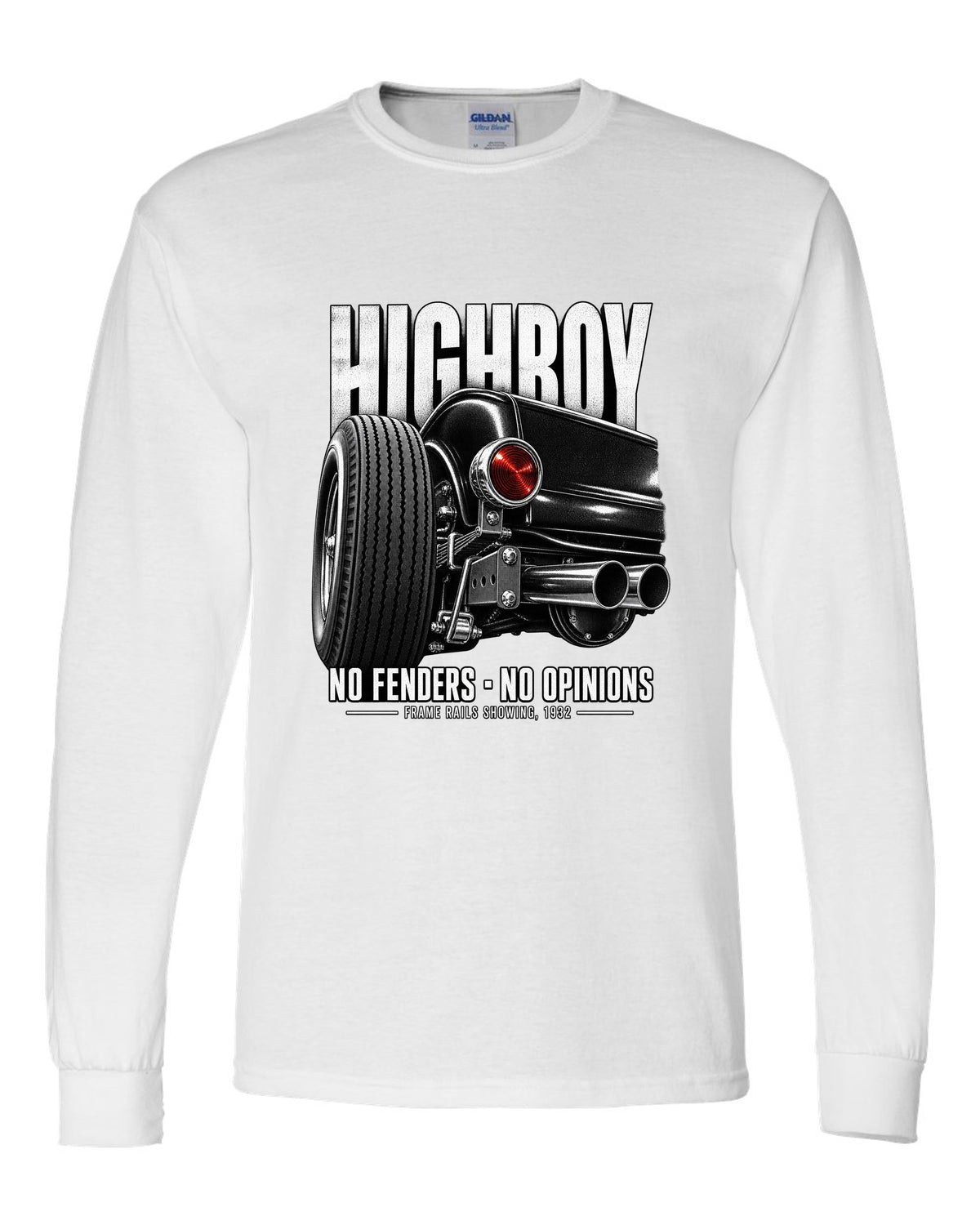 Rear taillight detail print of a 1932 Ford Deuce highboy roadster white long sleeve front view with the design