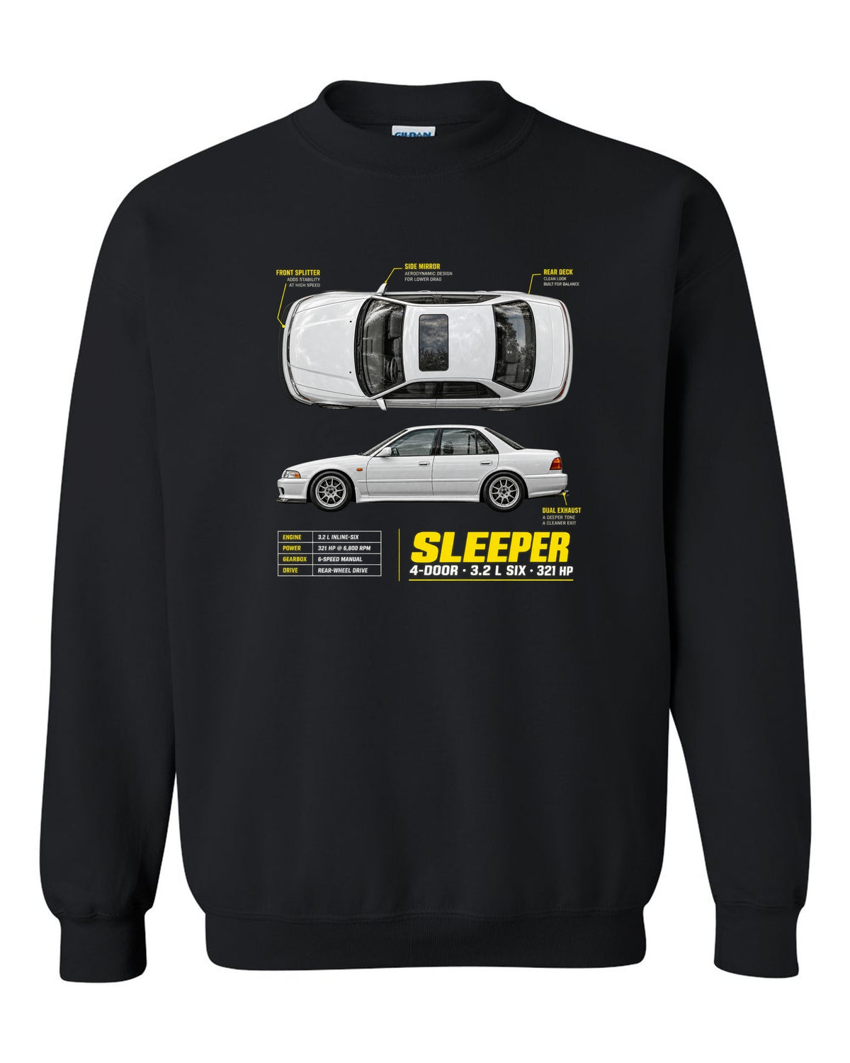 BMW E36 M3 sedan spec poster print with sleeper 4-door 3.2 L six and 321 HP text black crewneck front view with the design