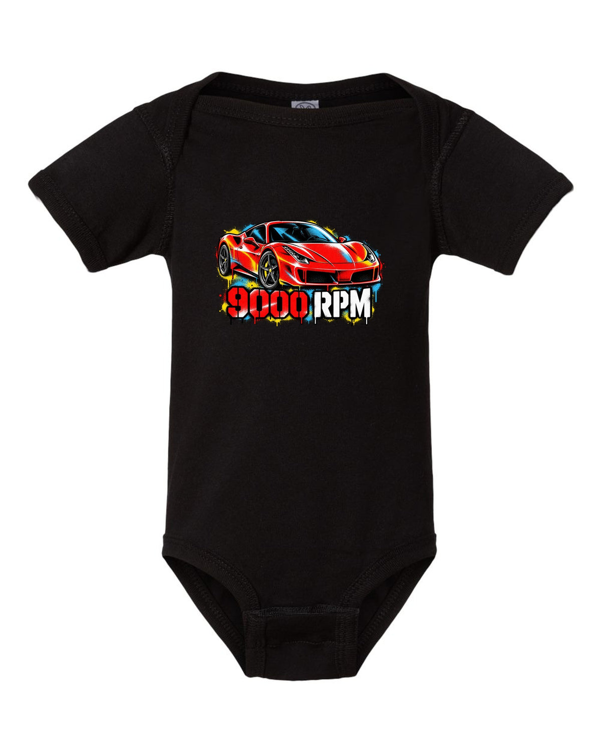 Stencil spray street art of the Ferrari 458 Italia with 9000 RPM text black baby onesie front view with the design