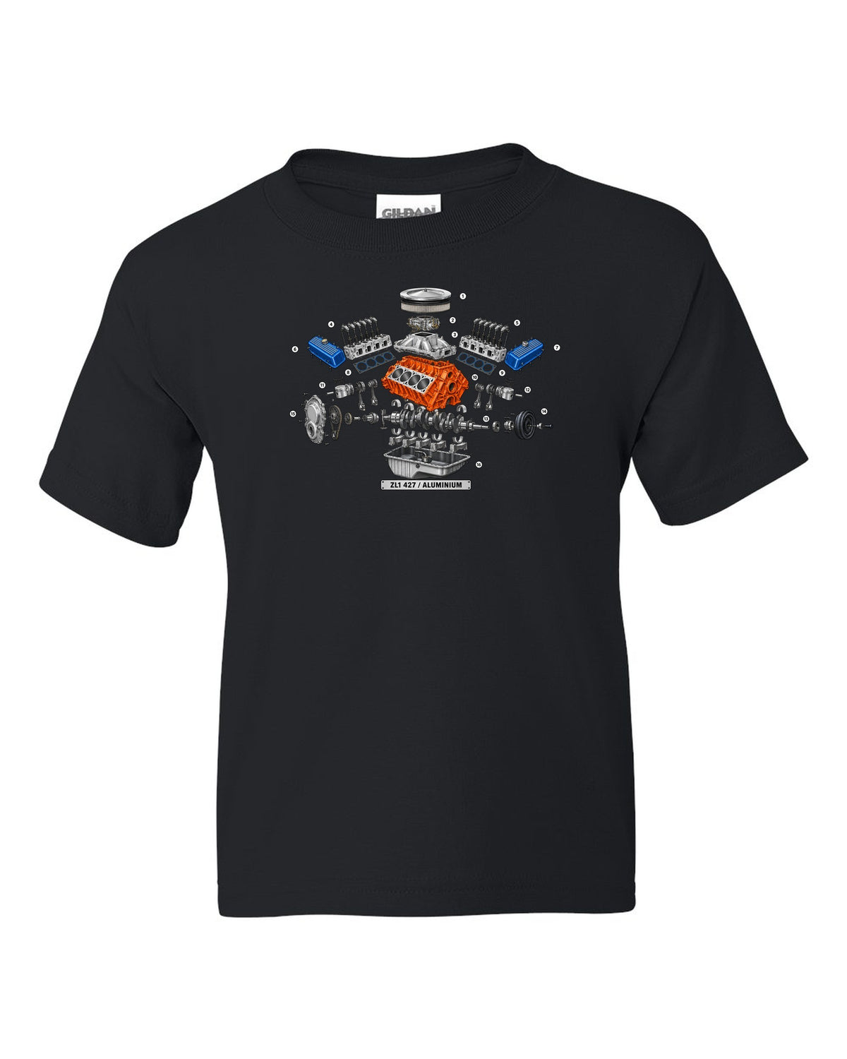 Isometric exploded diagram with numbered callouts of the 1969 Chevrolet Camaro ZL1 427 aluminum engine black kids tee front view with the design