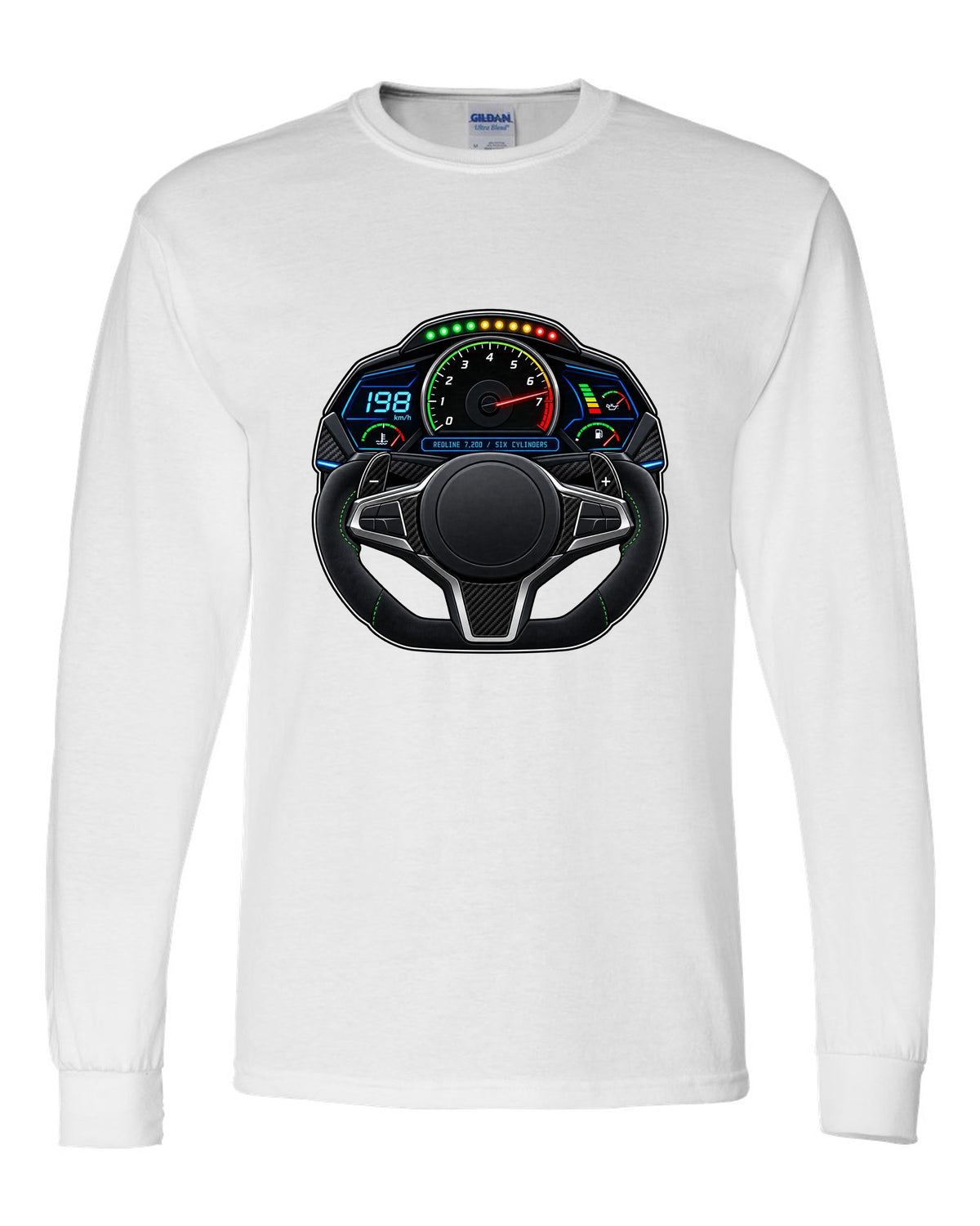 BMW G80 M3 interior gauge cluster HUD print with redline 7,200 text white long sleeve front view with the design