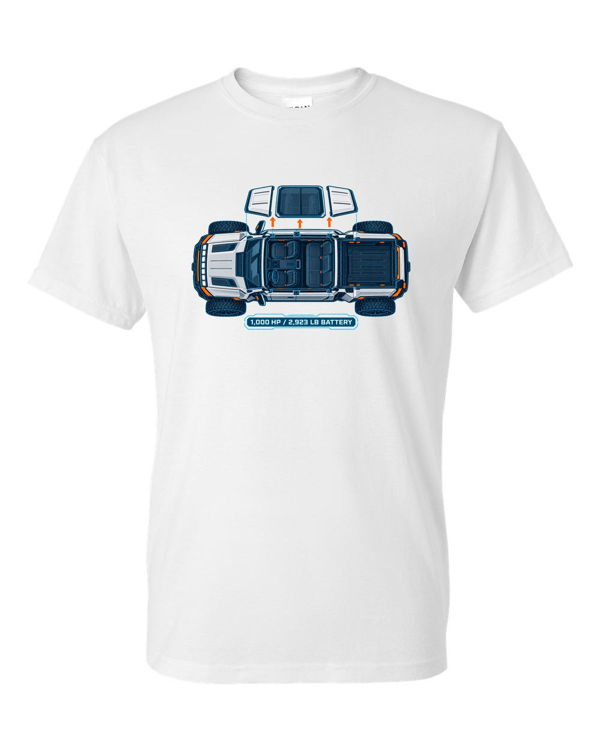 GMC Hummer EV roof panels shown as a white and cyan blueprint with 1,000 HP and battery weight white t-shirt front view with the design