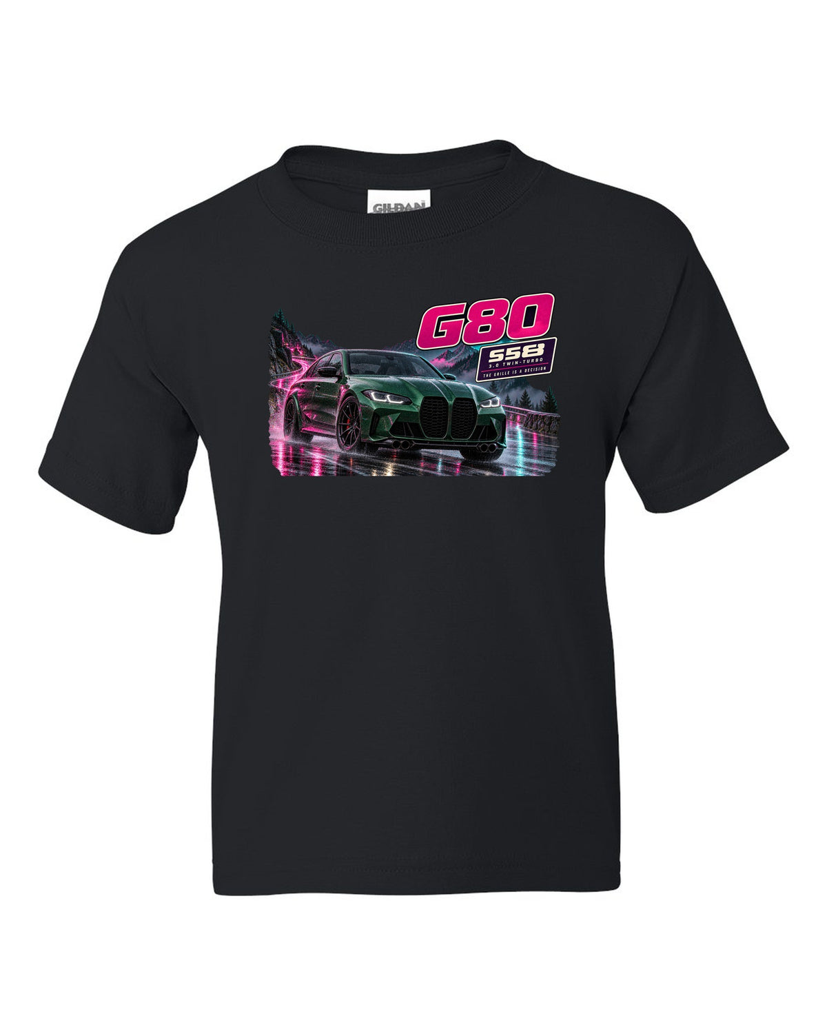 Touge night street print of an Isle of Man green BMW M3 Competition G80 black kids tee front view with the design