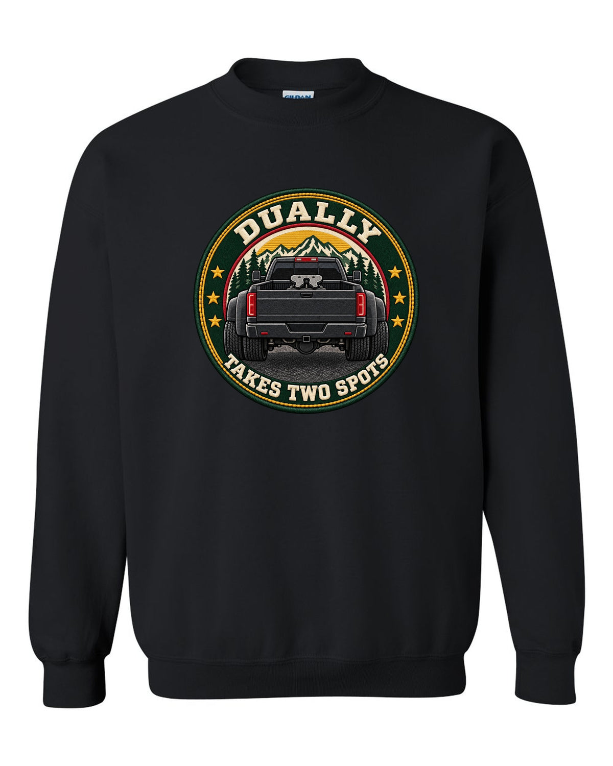 Varsity crest print for a 2019-2024 Ram HD 3500 dually with fifth wheel and takes two spots text black crewneck front view with the design