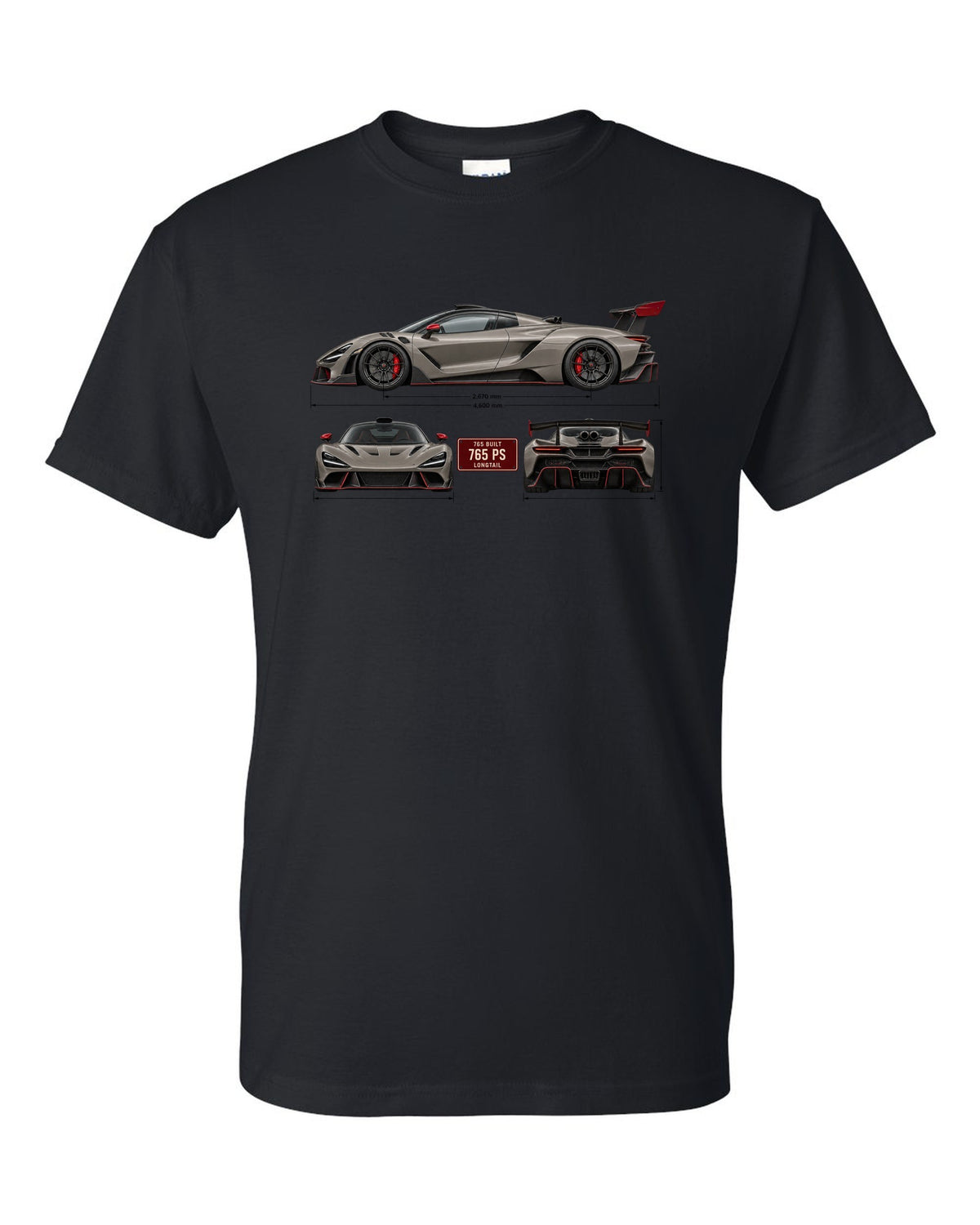 Three-view spec print of a McLaren 765LT, 765 built, 765 PS black t-shirt front view with the design