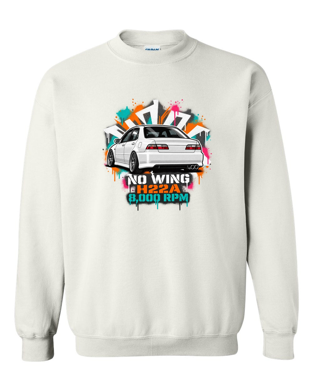 Stencil spray street art print of a Honda Accord Euro R CL1 with no wing H22A 8,000 RPM text white crewneck front view with the design