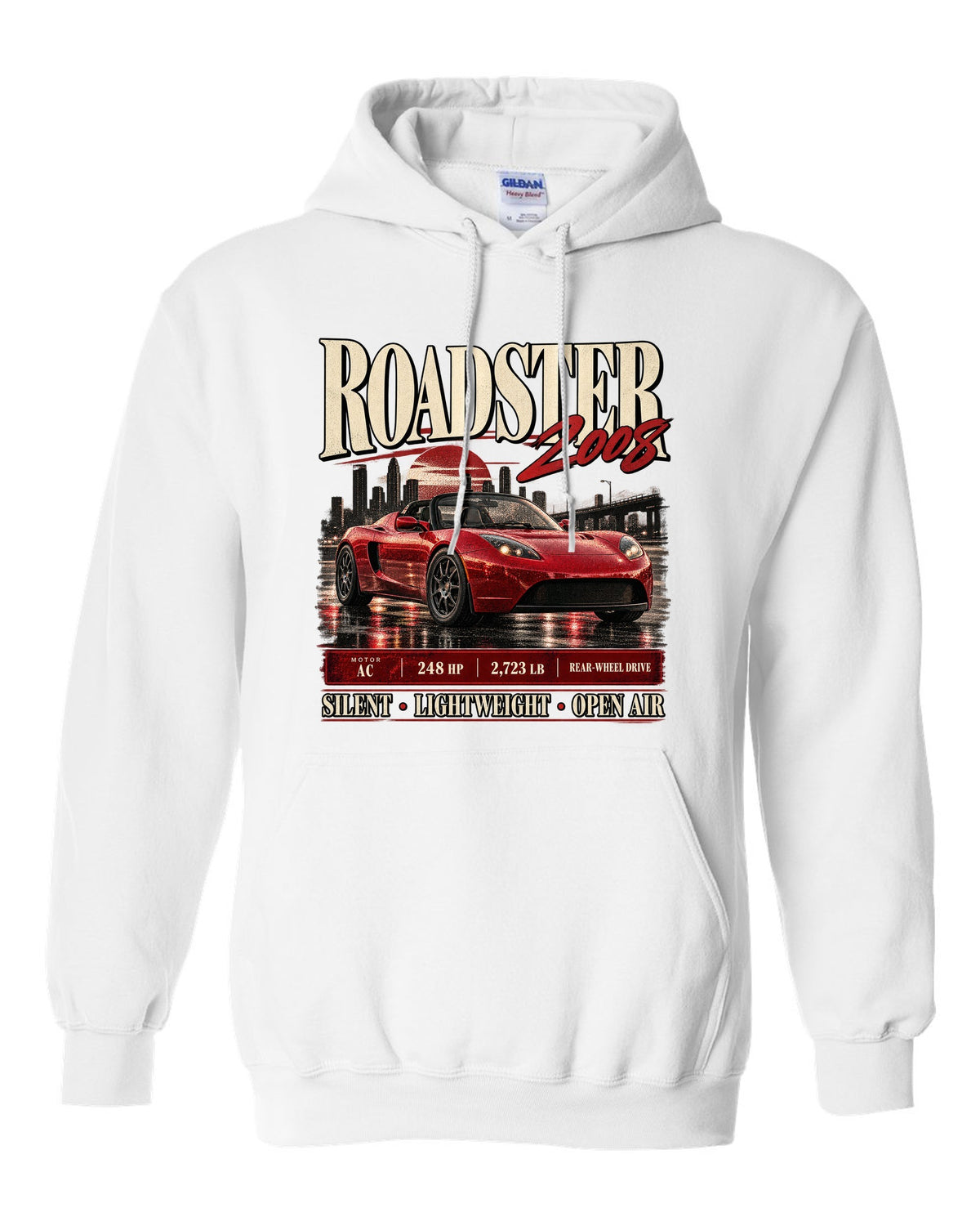Tesla Roadster Gen 1 2008 archive panel with AC motor, 248 HP, 2,723 lb and rear-wheel drive white pull over hoodie front view with the design