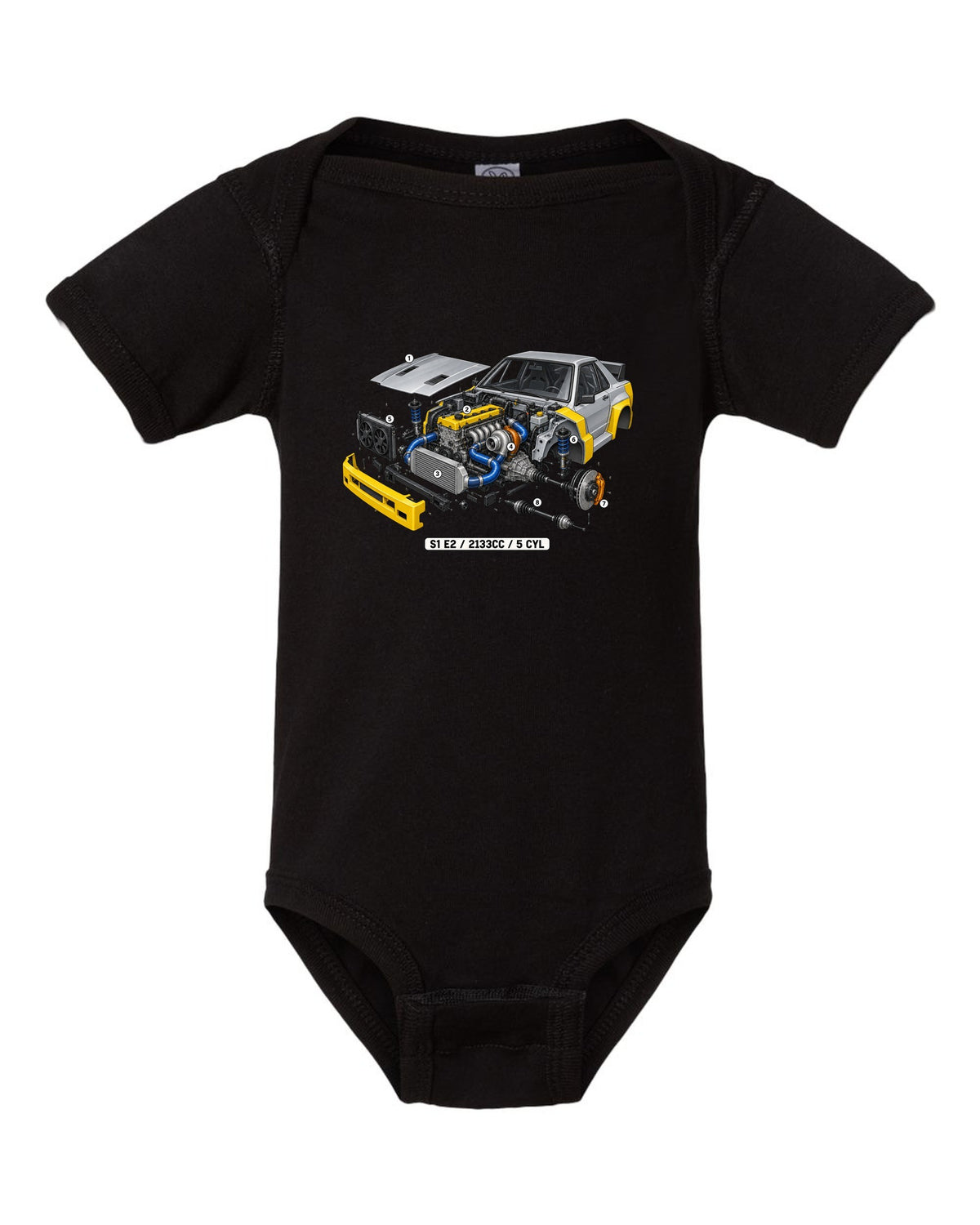 Isometric cutaway of the Audi S1 E2 five-cylinder engine, 2133cc black baby onesie front view with the design