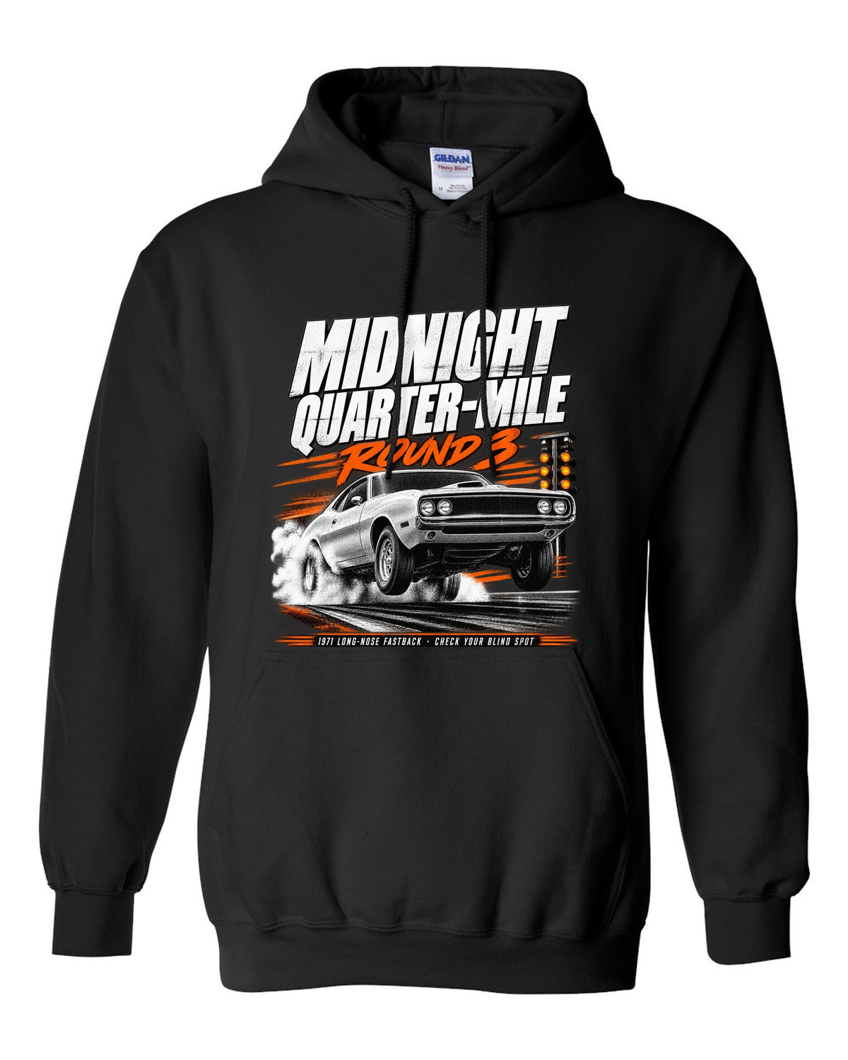 Race poster illustration of a 1971 Ford Mustang long-nose fastback titled midnight quarter-mile black pull over hoodie front view with the design