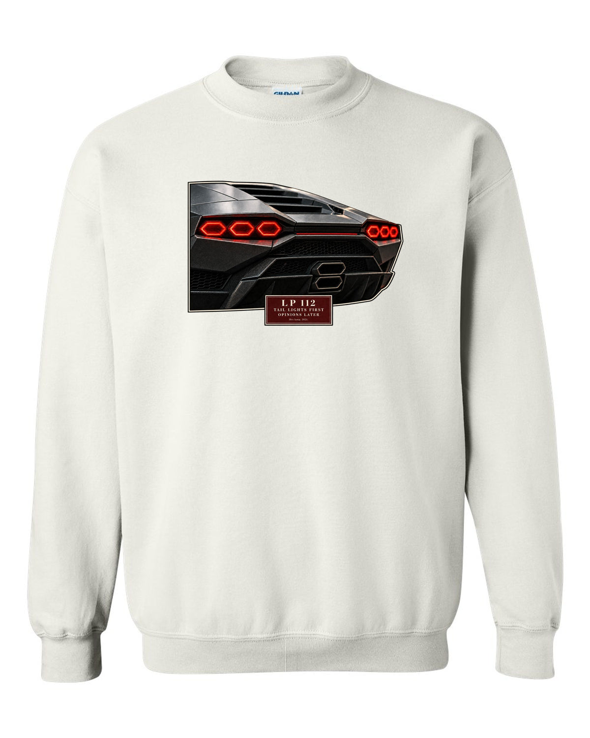Lamborghini Countach LPI 800-4 taillight macro print with LP 112 lettering white crewneck front view with the design