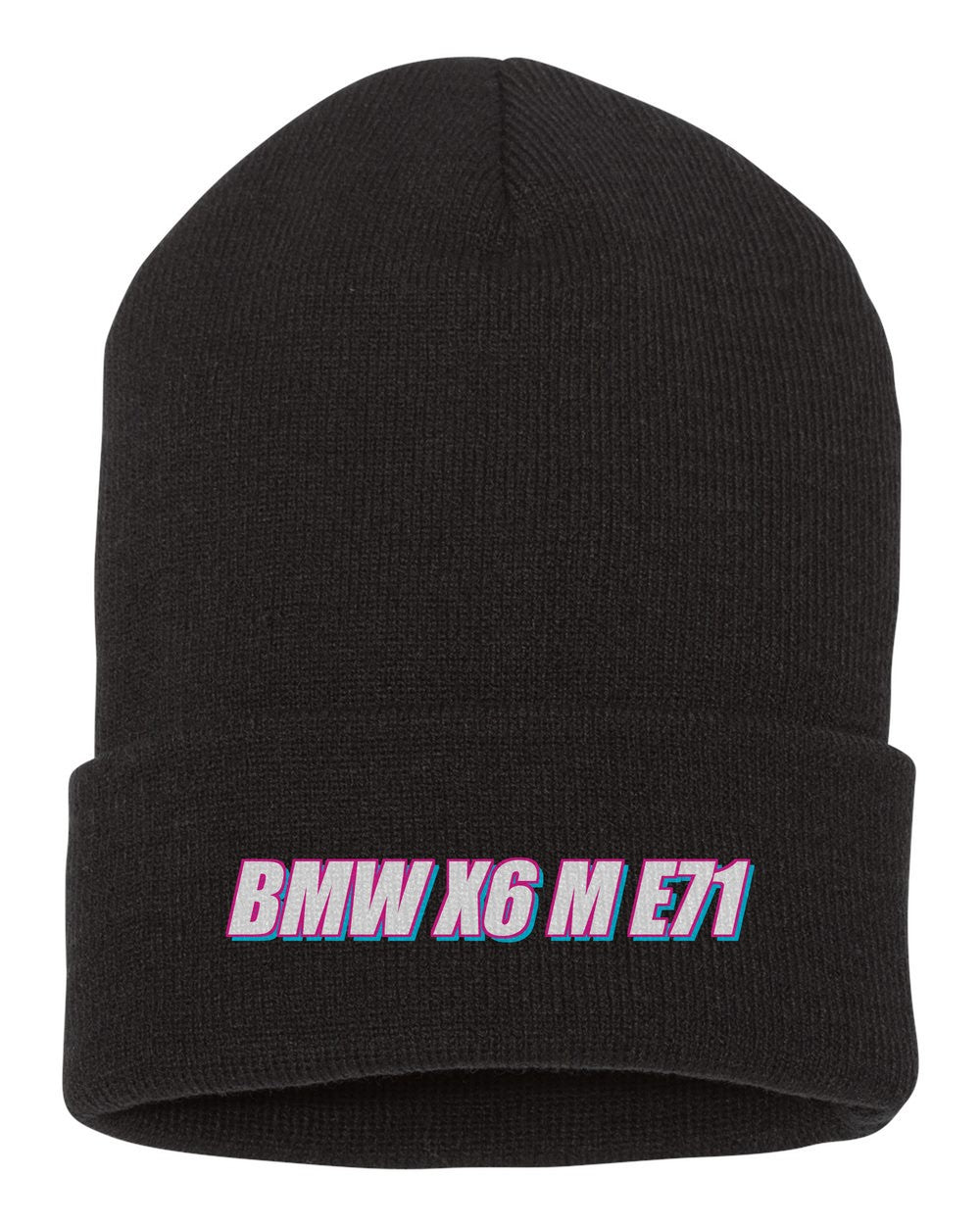 Bmw X6 M E71 black beanie front view with car name