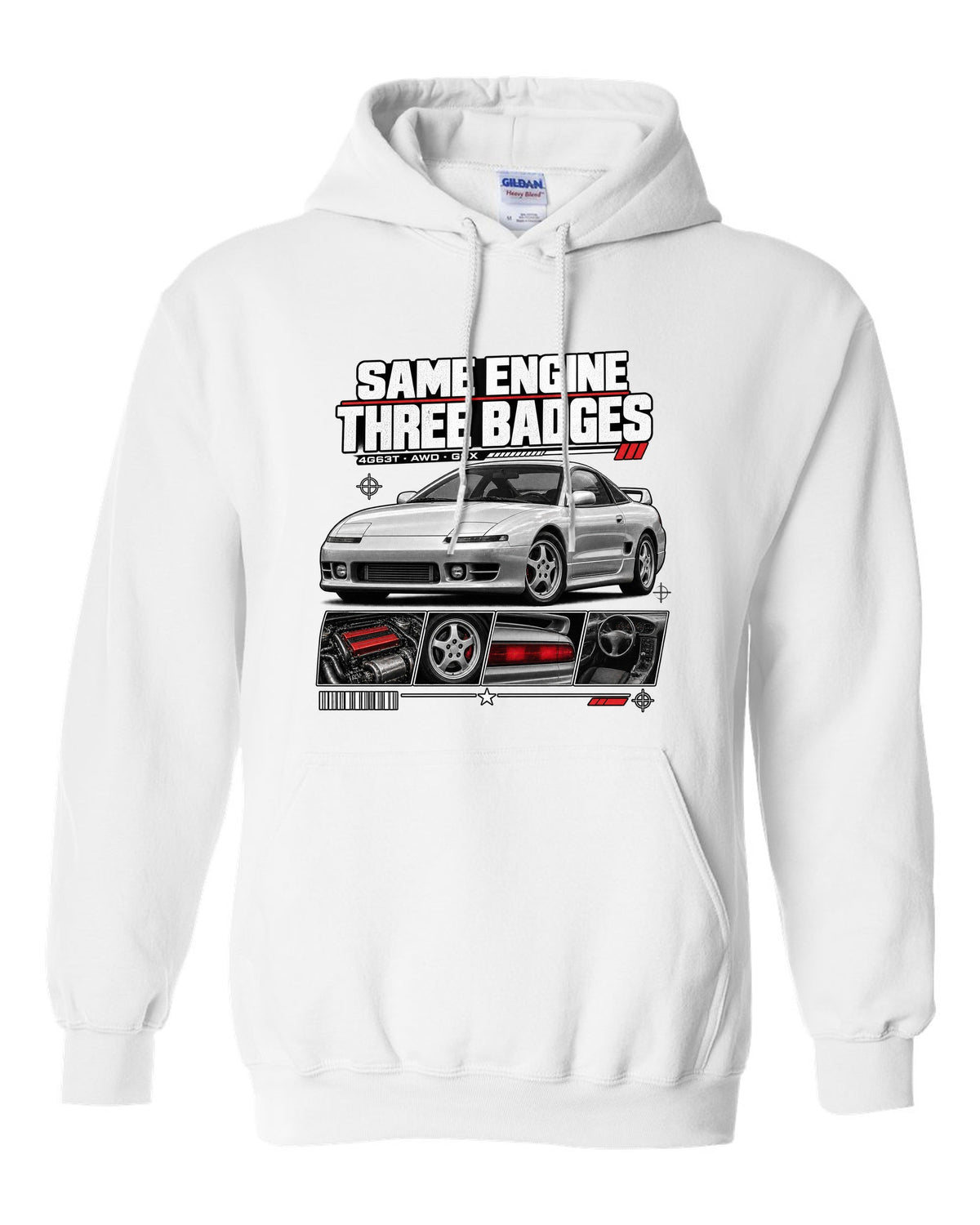 Mitsubishi Eclipse GSX 2G dossier panels with same engine three badges 4G63T text white pull over hoodie front view with the design
