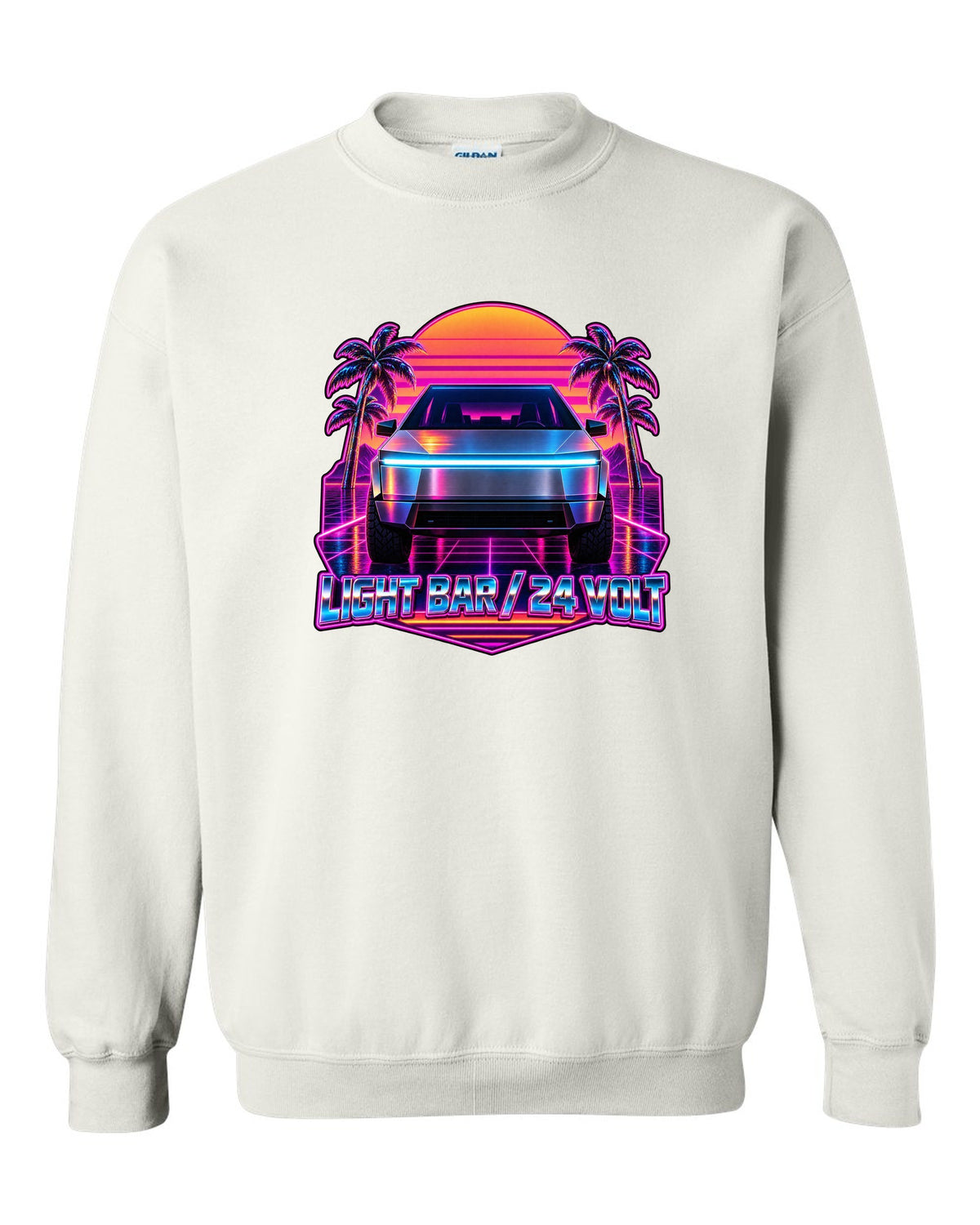 Neon synthwave outrun scene of a 2023 Tesla Cybertruck with the words Light Bar 24 Volt white crewneck front view with the design