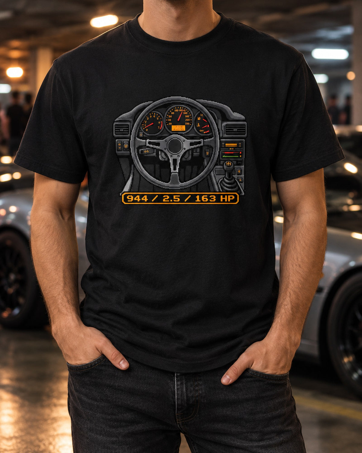 Porsche 944 Dash LCD Pixel Art print Tee T-Shirt Black worn hero