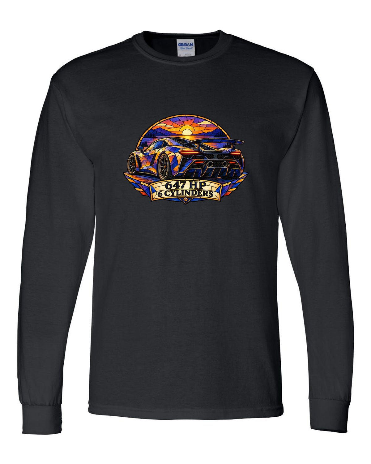 Ford GT 2017-2022 buttress profile in a stained-glass geometric print black long sleeve front view with the design