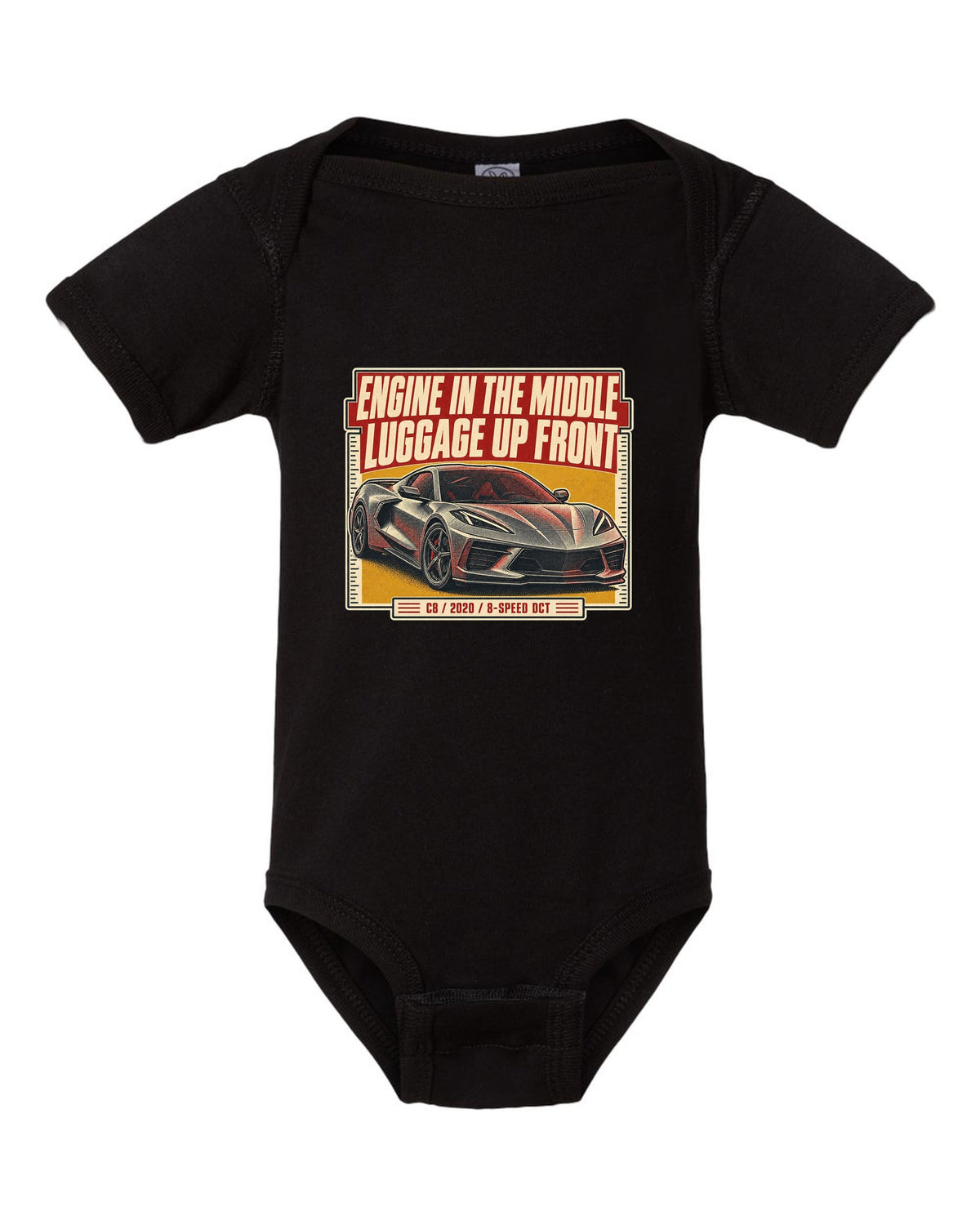 Halftone print of a Chevrolet Corvette C8 Stingray with engine in the middle text black baby onesie front view with the design