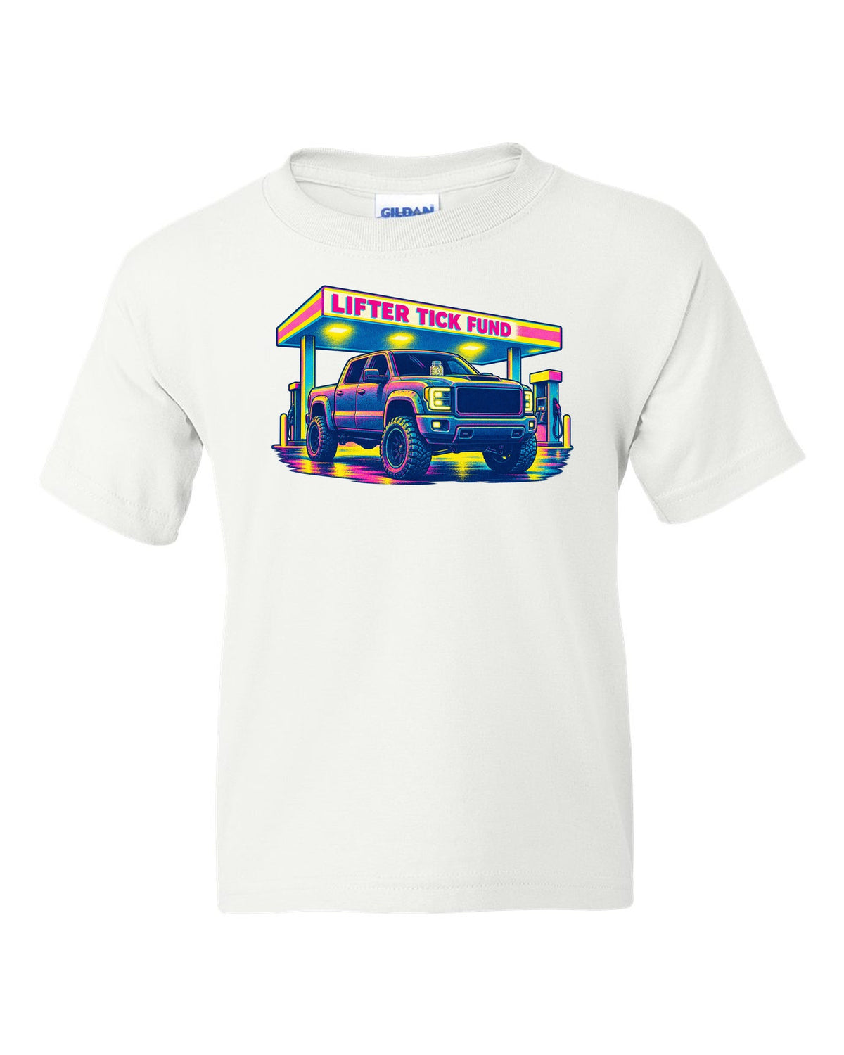 Risograph print of a 2007-2013 Chevrolet Silverado GMT900 with Lifter Tick Fund text white kids tee front view with the design
