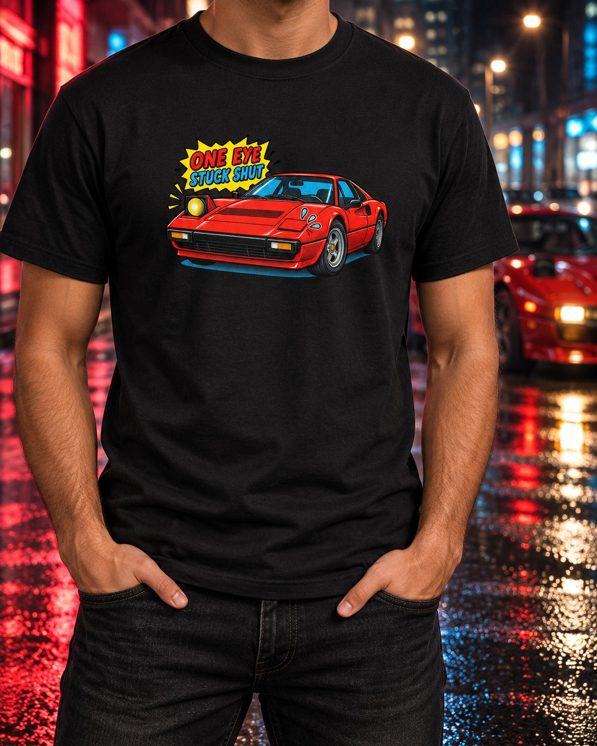 Ferrari 308 GTB Pop-Up Headlight Stuck Shut Comic Shirt T-Shirt Black worn hero