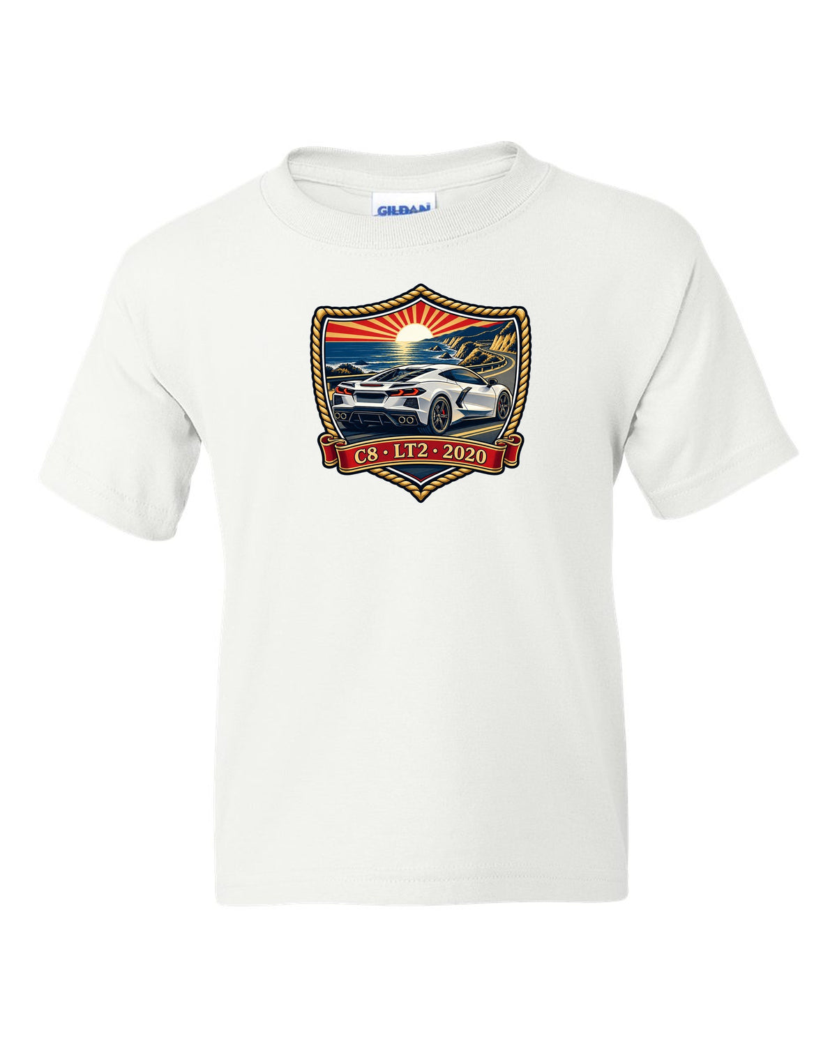 Shield crest design of a 2020 C8 mid-engine Corvette Stingray white kids tee front view with the design