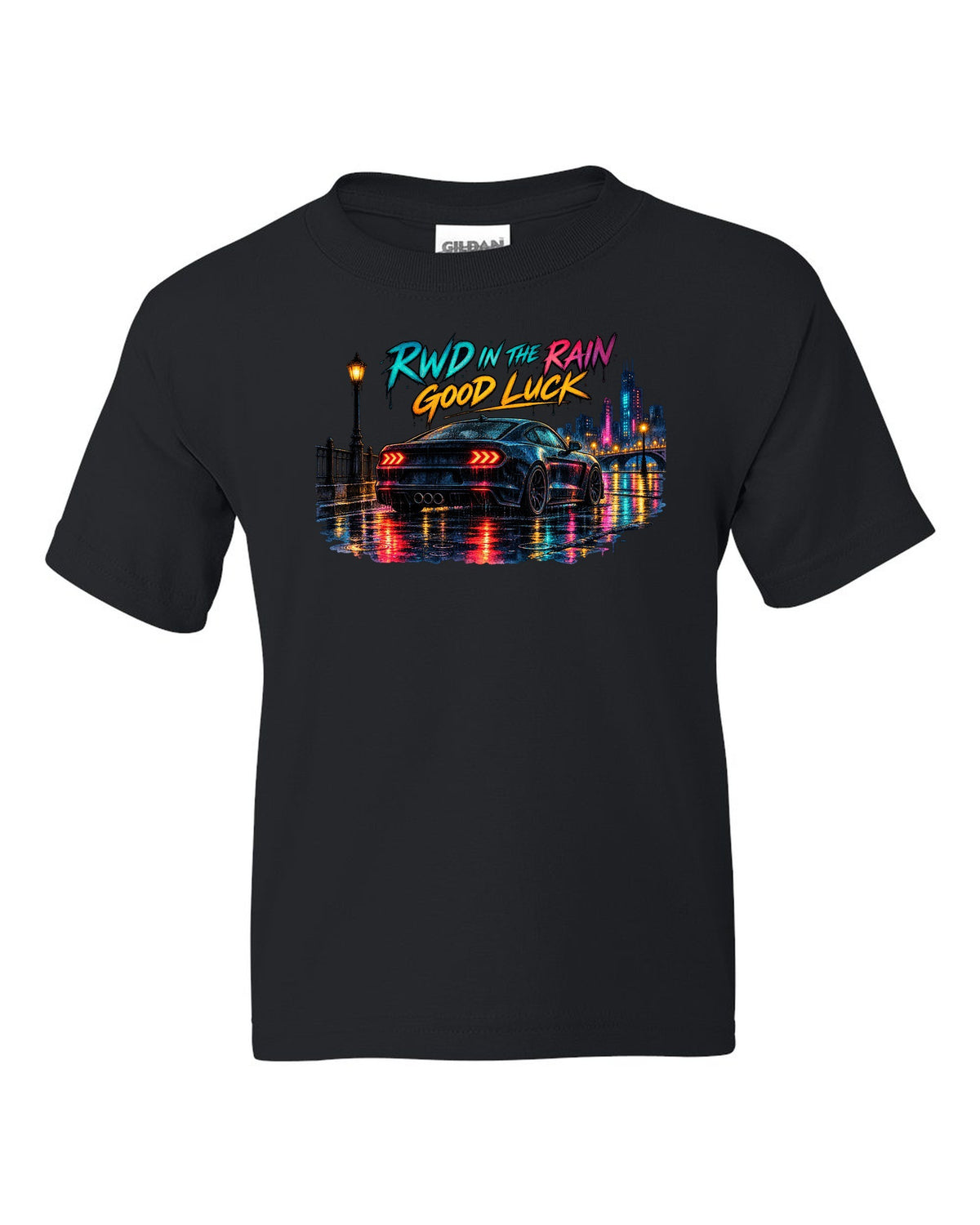Hyundai Genesis Coupe BK2 watercolour wet road night print with RWD in the rain text black kids tee front view with the design