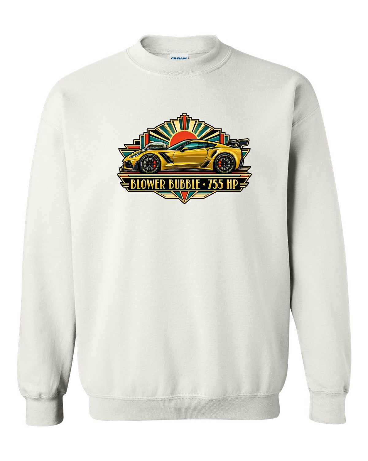 Art deco racing poster print of a 2019 Chevrolet Corvette C7 ZR1 with 755 HP blower bubble lettering white crewneck front view with the design