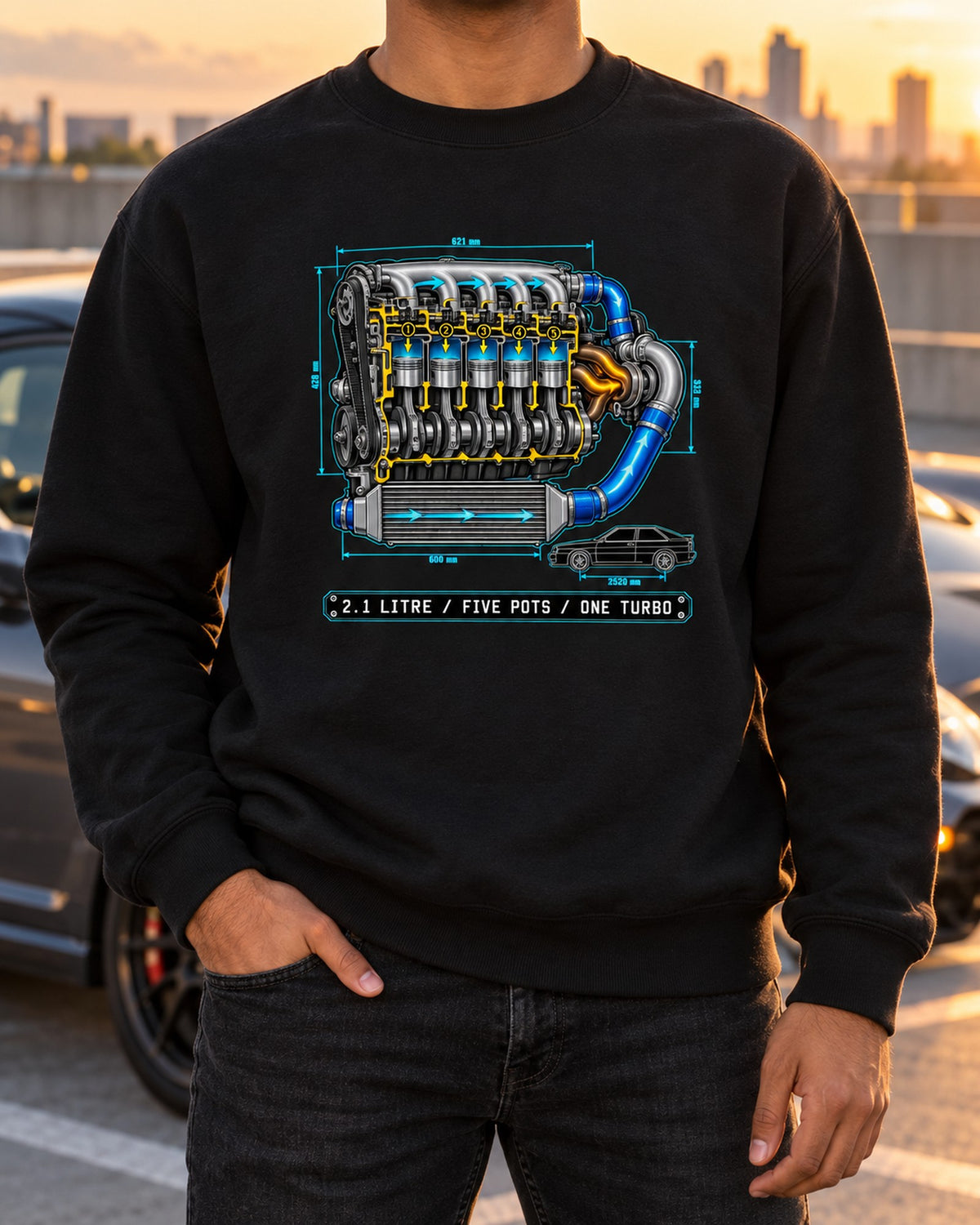 Audi Ur-Quattro Type 85 Five-Pot Technical Blueprint Shirt Crewneck Black worn hero