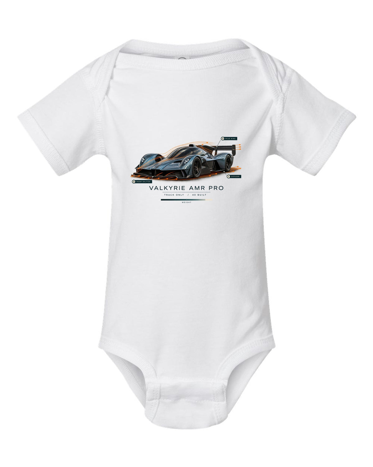 Aston Martin Valkyrie AMR Pro 2022 airflow cutaway print with track only 40 built text white baby onesie front view with the design