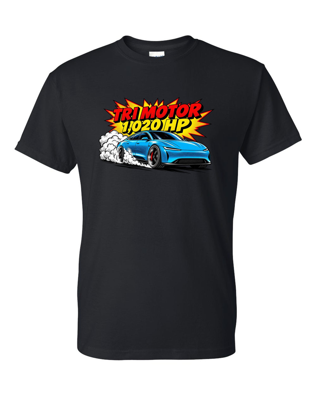 Comic halftone pop-art of a 2021 Tesla Model S Plaid with the words Tri Motor 1,020 HP black t-shirt front view with the design