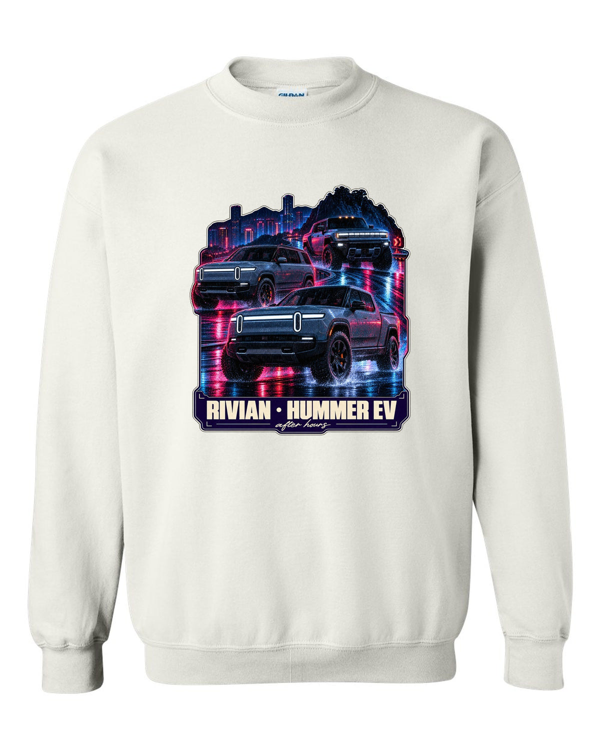 Night street print of the Range Rover Sport SV L461 on a wet road at 2 AM white crewneck front view with the design