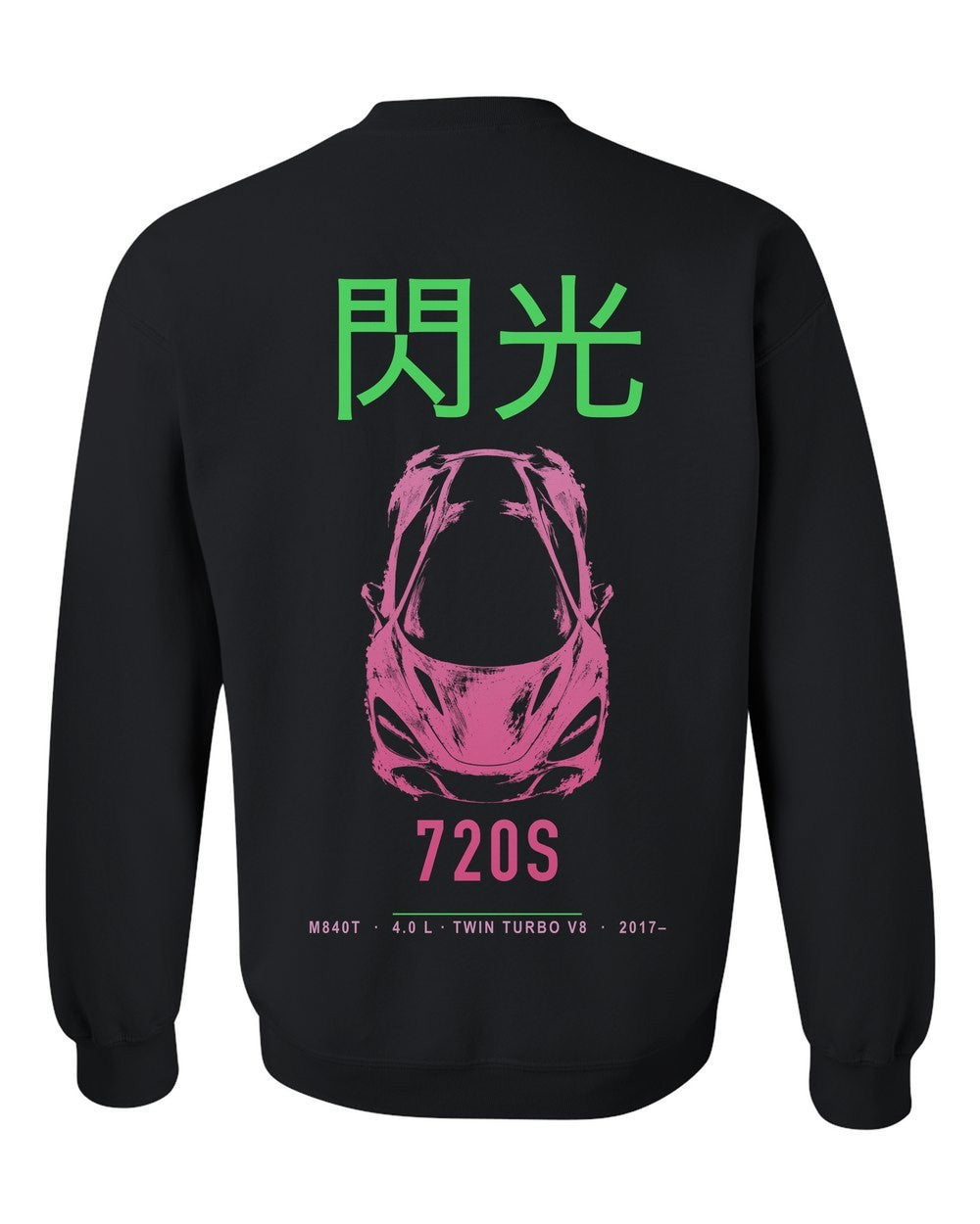 720S full-back artwork black crewneck back view with the design