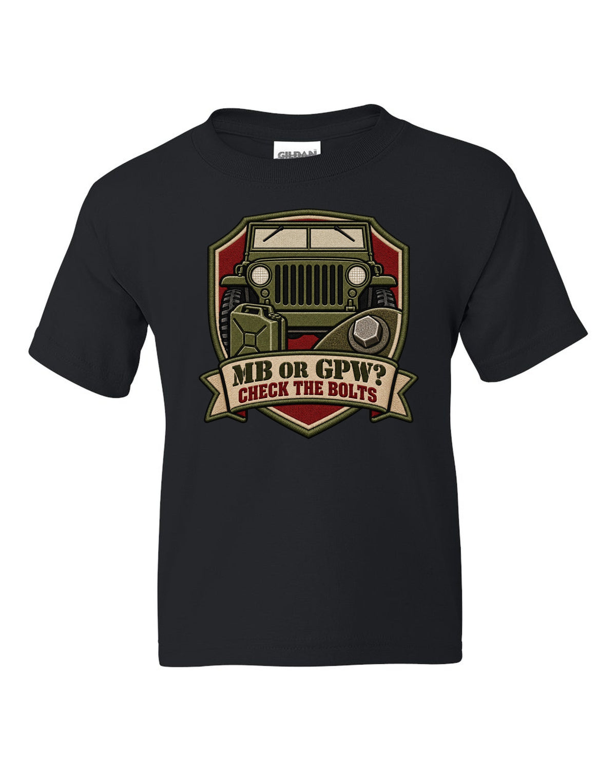 Embroidery-style service crest print of a Willys MB and Ford GPW with bolts text black kids tee front view with the design