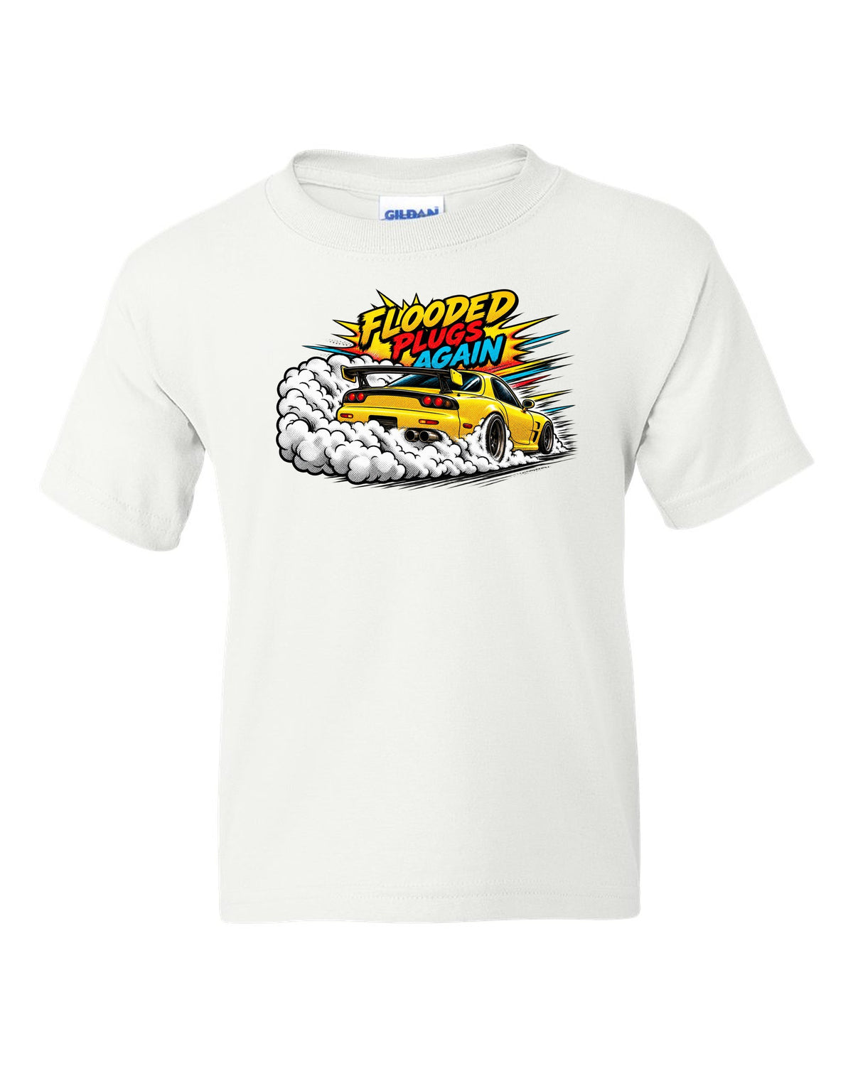 Comic halftone pop art print of a Mazda RX-7 FD3S with text Flooded, Plugs, Again white kids tee front view with the design