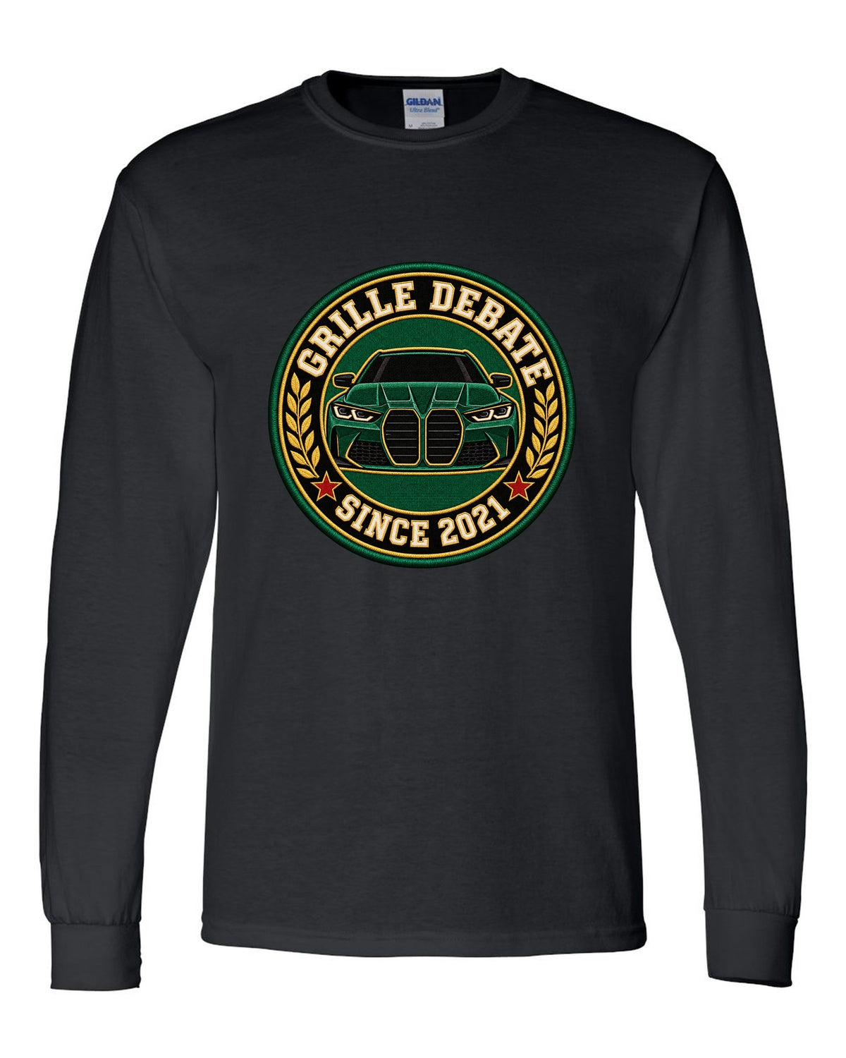 BMW G80 M3 varsity crest print with grille debate since 2021 text black long sleeve front view with the design
