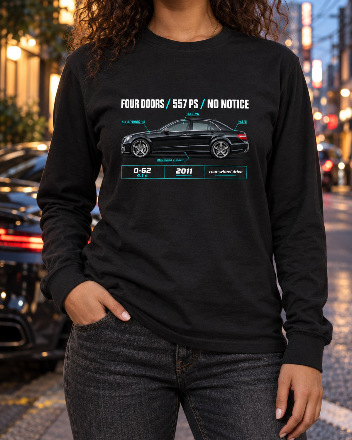 Mercedes E63 AMG W212 Four Doors No Notice Spec Poster Shirt Long Sleeve Black worn hero