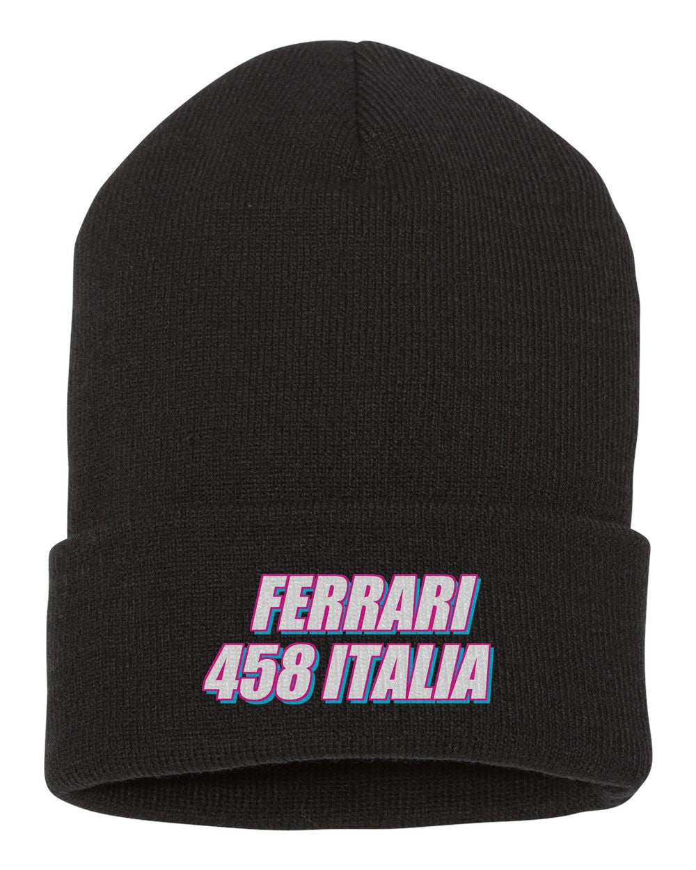 Ferrari 458 Italia black beanie front view with car name