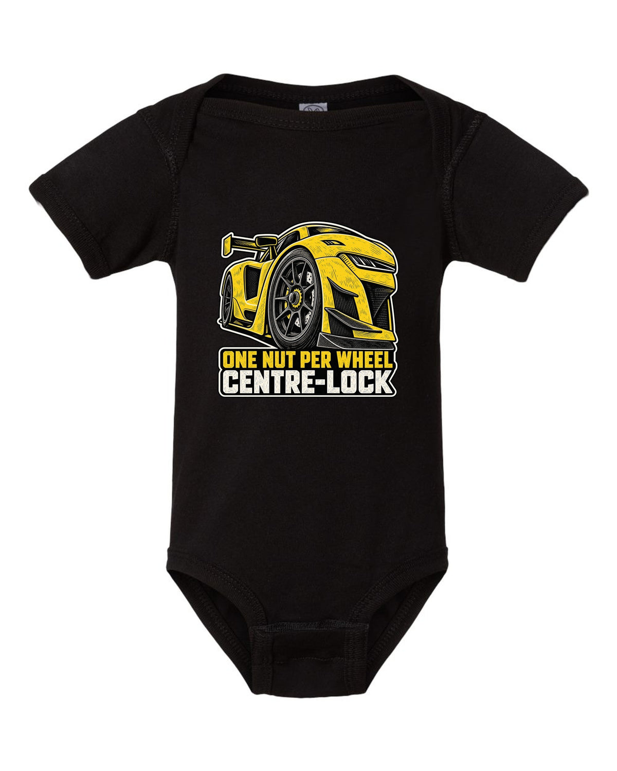 Risograph duotone design of a Corvette C8.R race car with large rear wing black baby onesie front view with the design