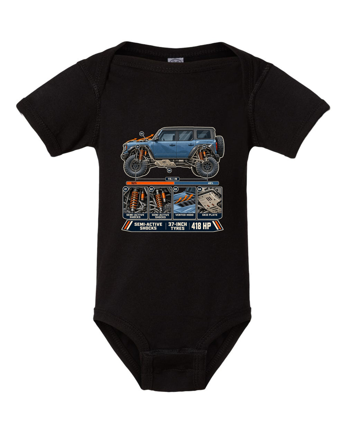 Ford Bronco Raptor suspension cutaway with callouts print black baby onesie front view with the design